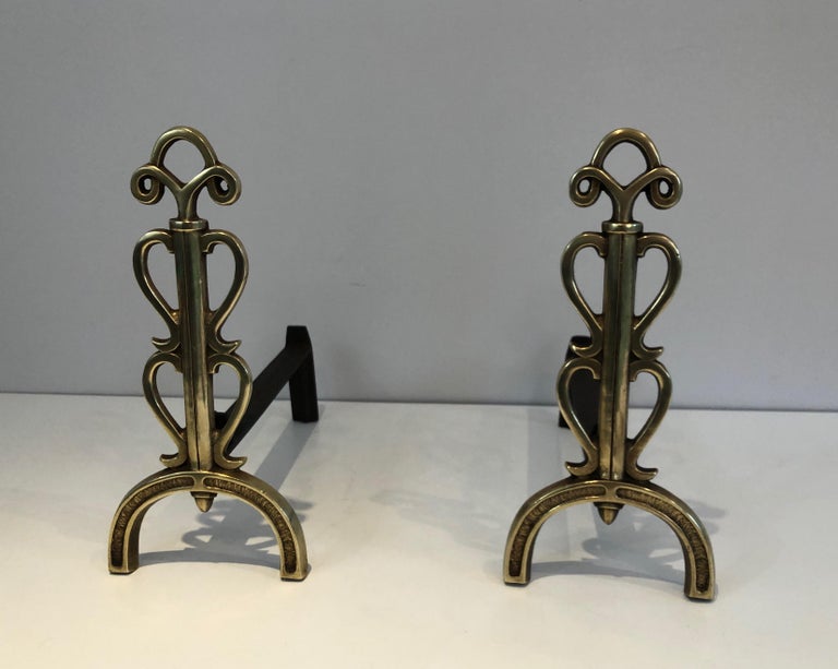 In the Style of Raymond Subes, Pair of Brass and Wrought Iron Andirons, French For Sale 4