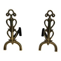 In the Style of Raymond Subes, Pair of Brass and Wrought Iron Andirons, French