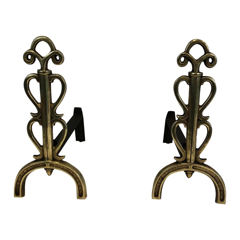 In the Style of Raymond Subes, Pair of Brass and Wrought Iron Andirons, French For Sale