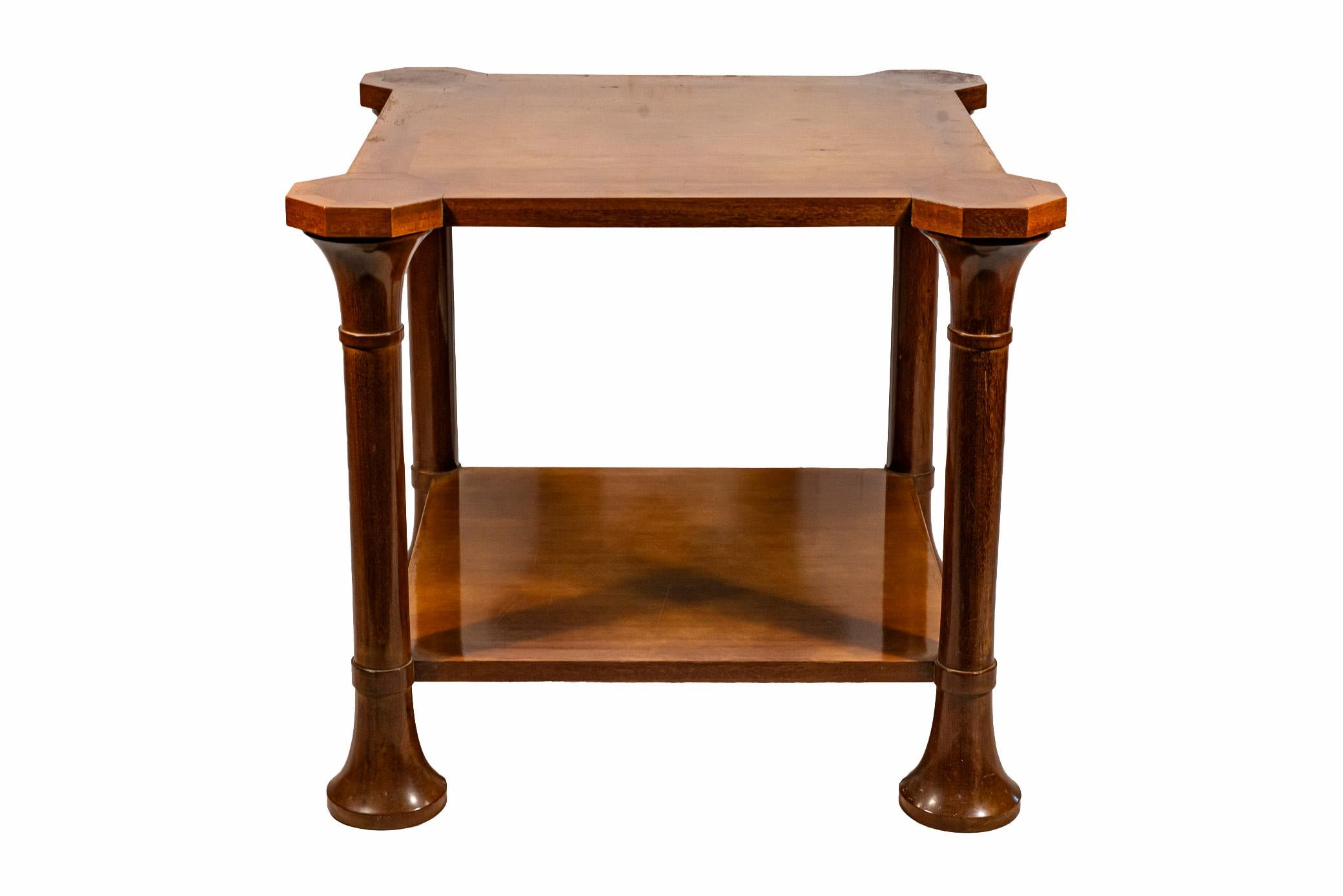 In the style of Robsjohn-Gibbings, 
Pair of tables, 
Egyptomania, 
Wood,
circa 1970, England.

Measures: width 70 cm, depth 70 cm, height 62 cm.