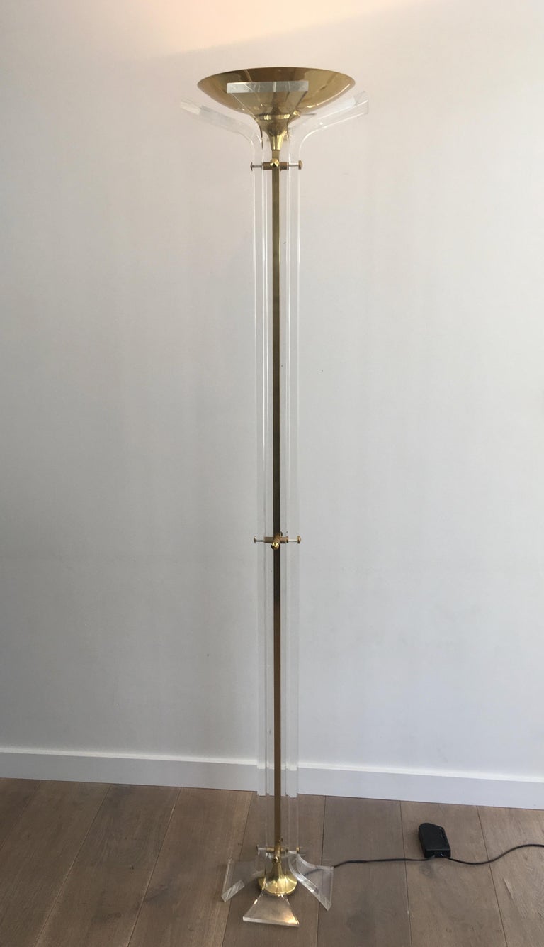 In the Style of Romeo Rega, Rare Plexiglass and Gilt Brass Floor Lamp