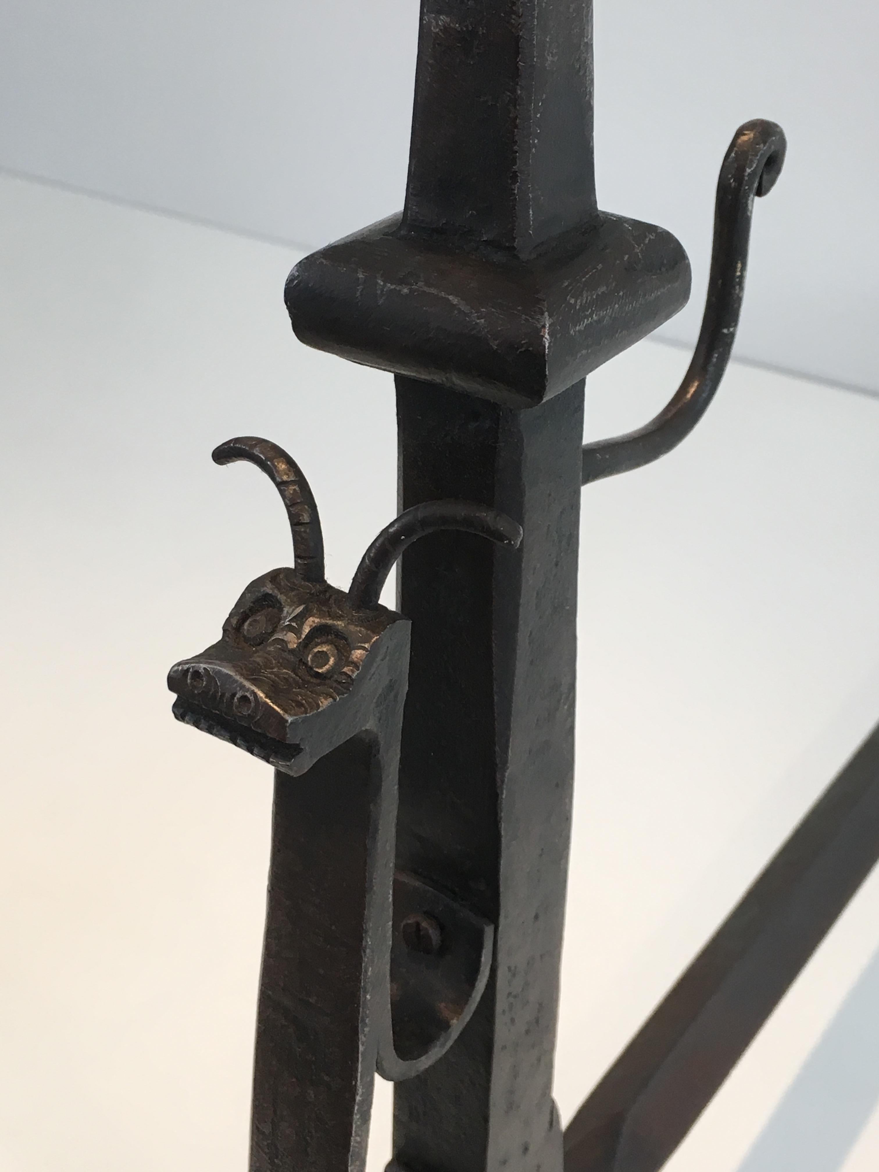 Pair of Hammered and Wrought Iron Snails Andirons in the Style of Schenck For Sale 11