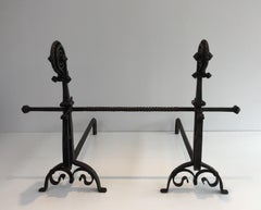 Pair of Hammered and Wrought Iron Snails Andirons in the Style of Schenck