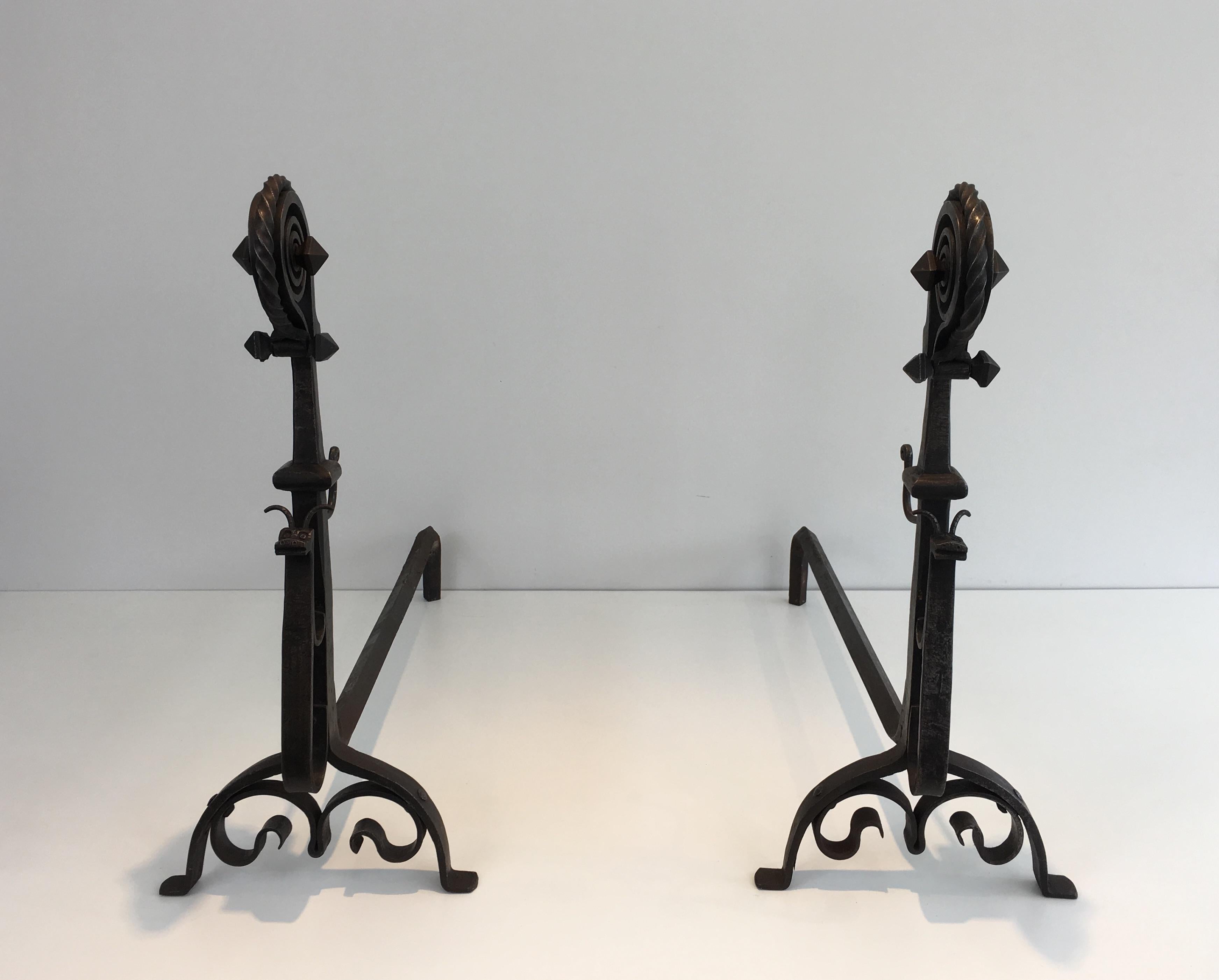 Pair of Hammered and Wrought Iron Snails Andirons in the Style of Schenck For Sale 14