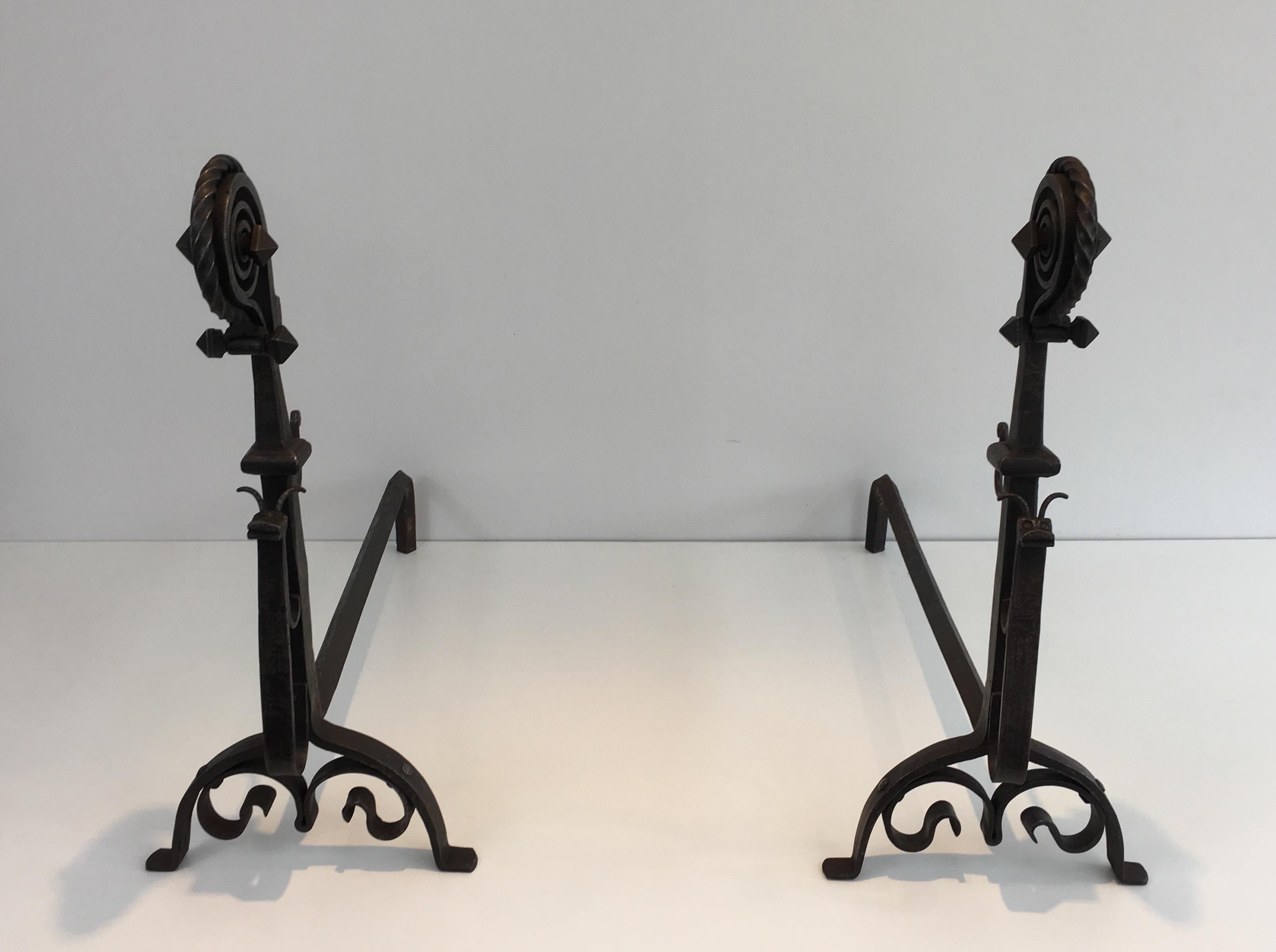 Late 19th Century Pair of Hammered and Wrought Iron Snails Andirons in the Style of Schenck For Sale