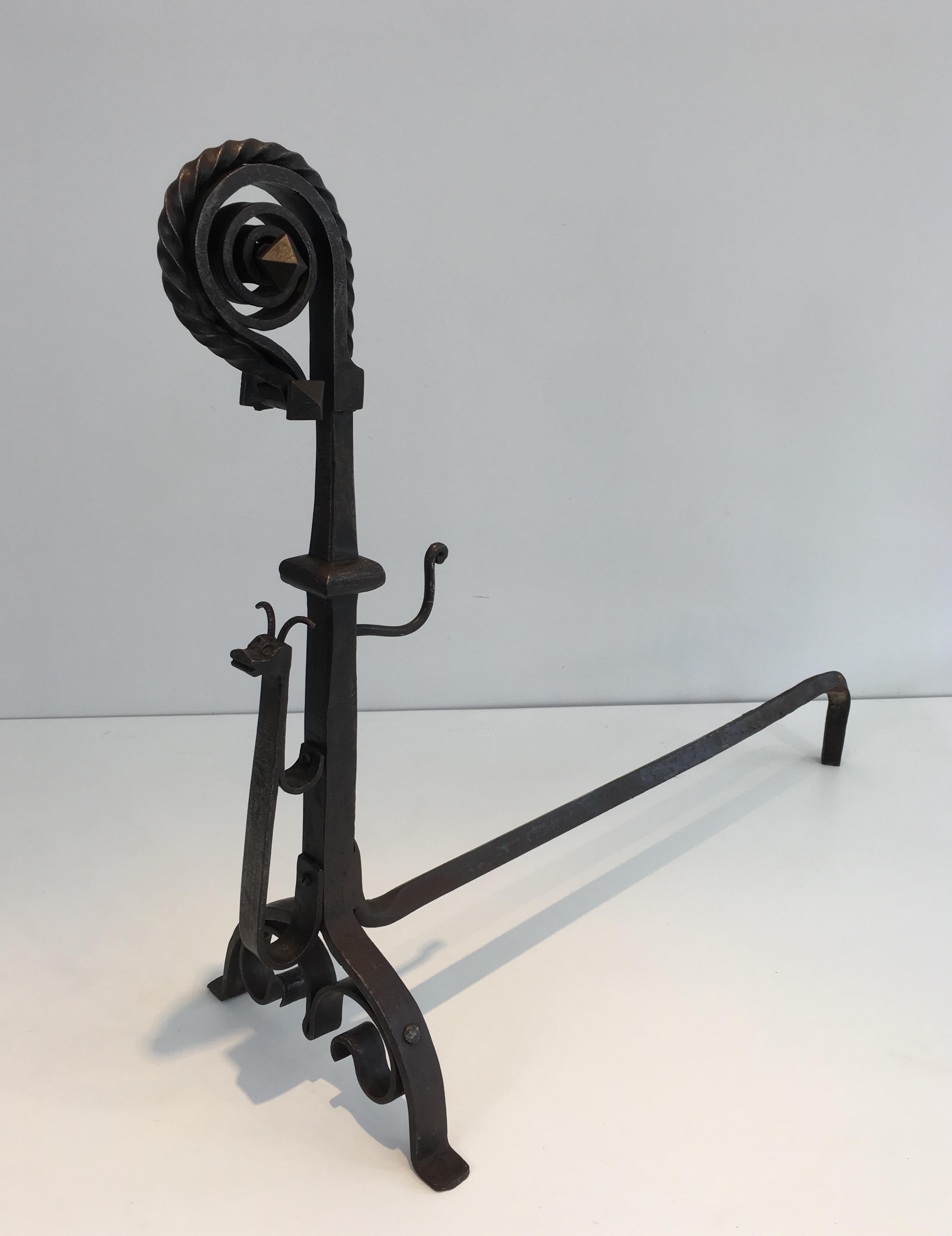 Pair of Hammered and Wrought Iron Snails Andirons in the Style of Schenck For Sale 1