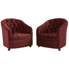 In the style of Ward Bennet Tufted Velvet Swivel Chairs, Pair