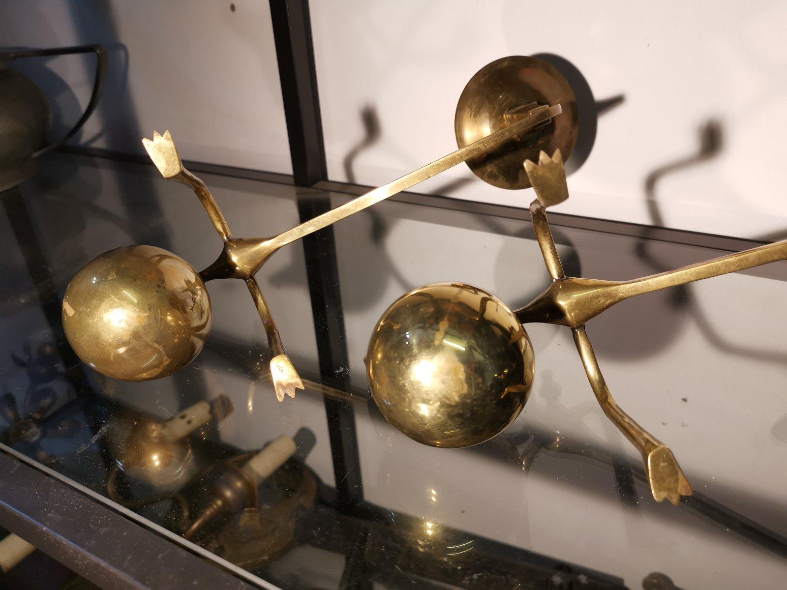 Hand-Crafted In the Style of Was Benson, A Pair of Brass Arts & Crafts Piano Candle Holders.