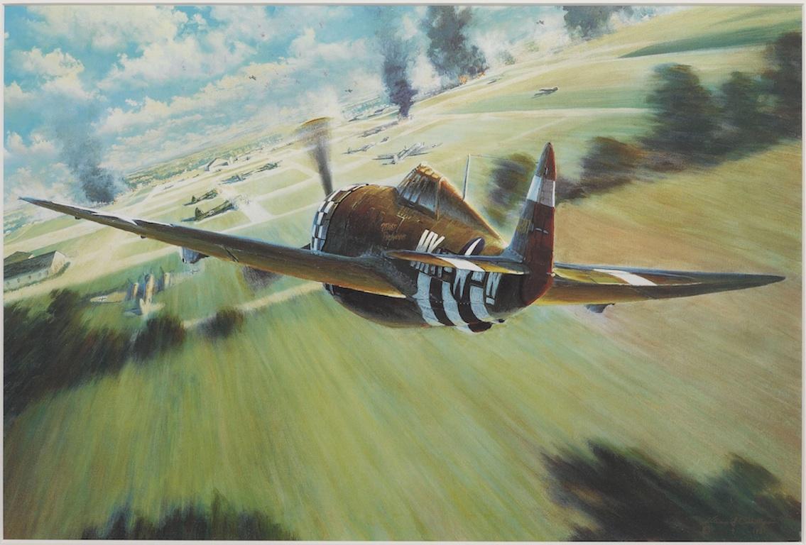 Presented, is an exciting 1981 color lithograph by William “Billy” Phillips. Titled Through the Back Door, the lithograph depicts an American P-47 Thunderbolt pursuing a Luftwaffe bomber on the famous D-Day of WWII. Also referred to as a “Jug,” the