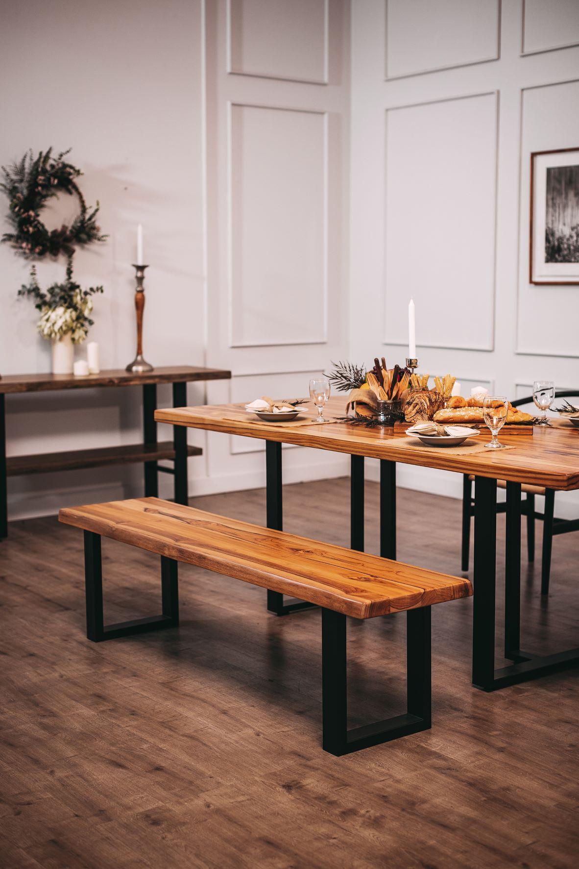 Thai Solid Teak Natural Dining Table on Black Metal Legs For Sale