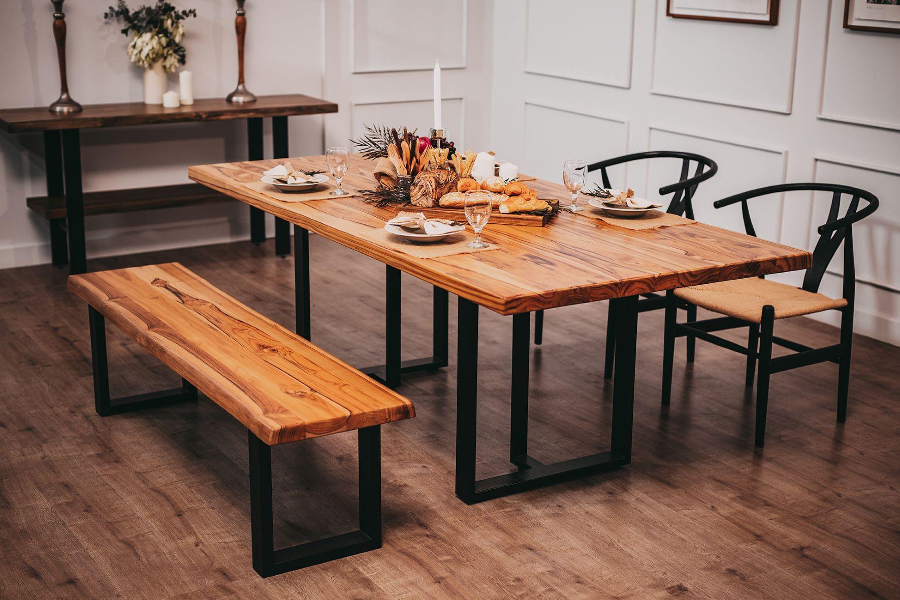 Hand-Crafted Solid Teak Natural Dining Table on Black Metal Legs For Sale