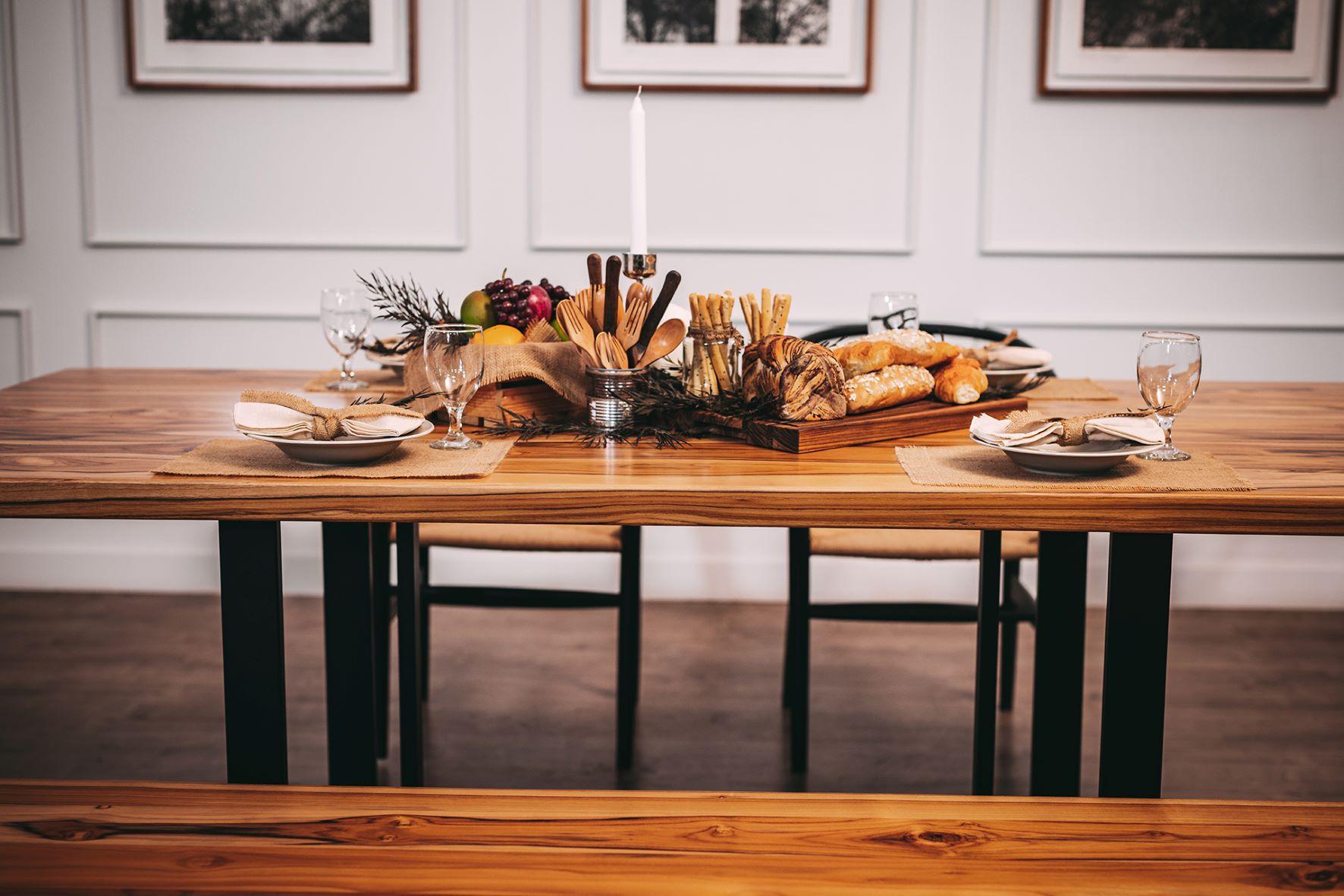 Solid Teak Natural Dining Table on Black Metal Legs For Sale 3