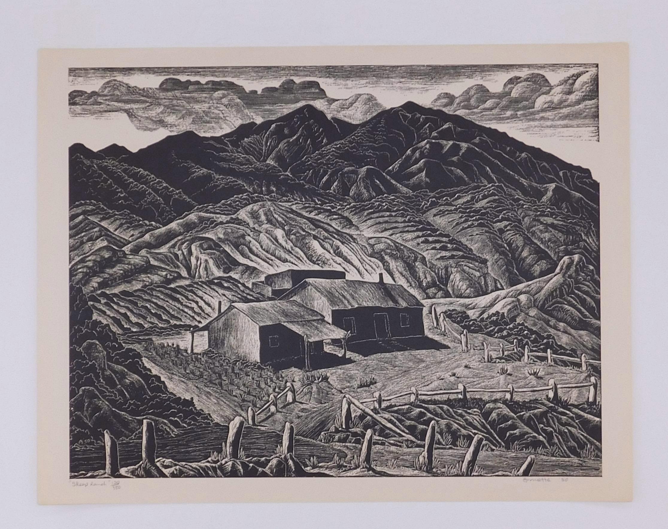 Ina Annette Original Woodcut, 1950 - Sheep Ranch For Sale 2