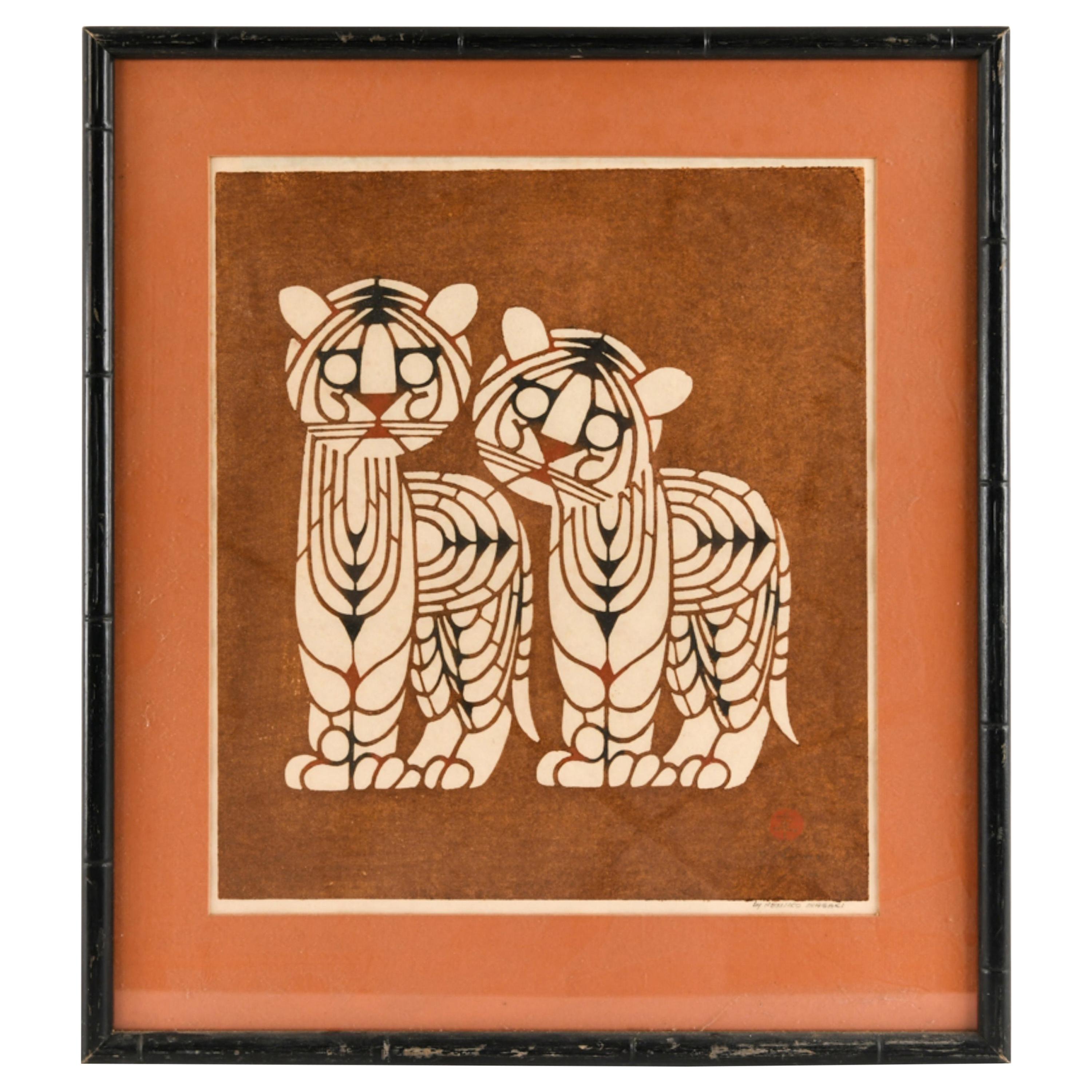 Inagaki Nenjiro, Original Color Woodblock Print of Two Tigers, 1960s