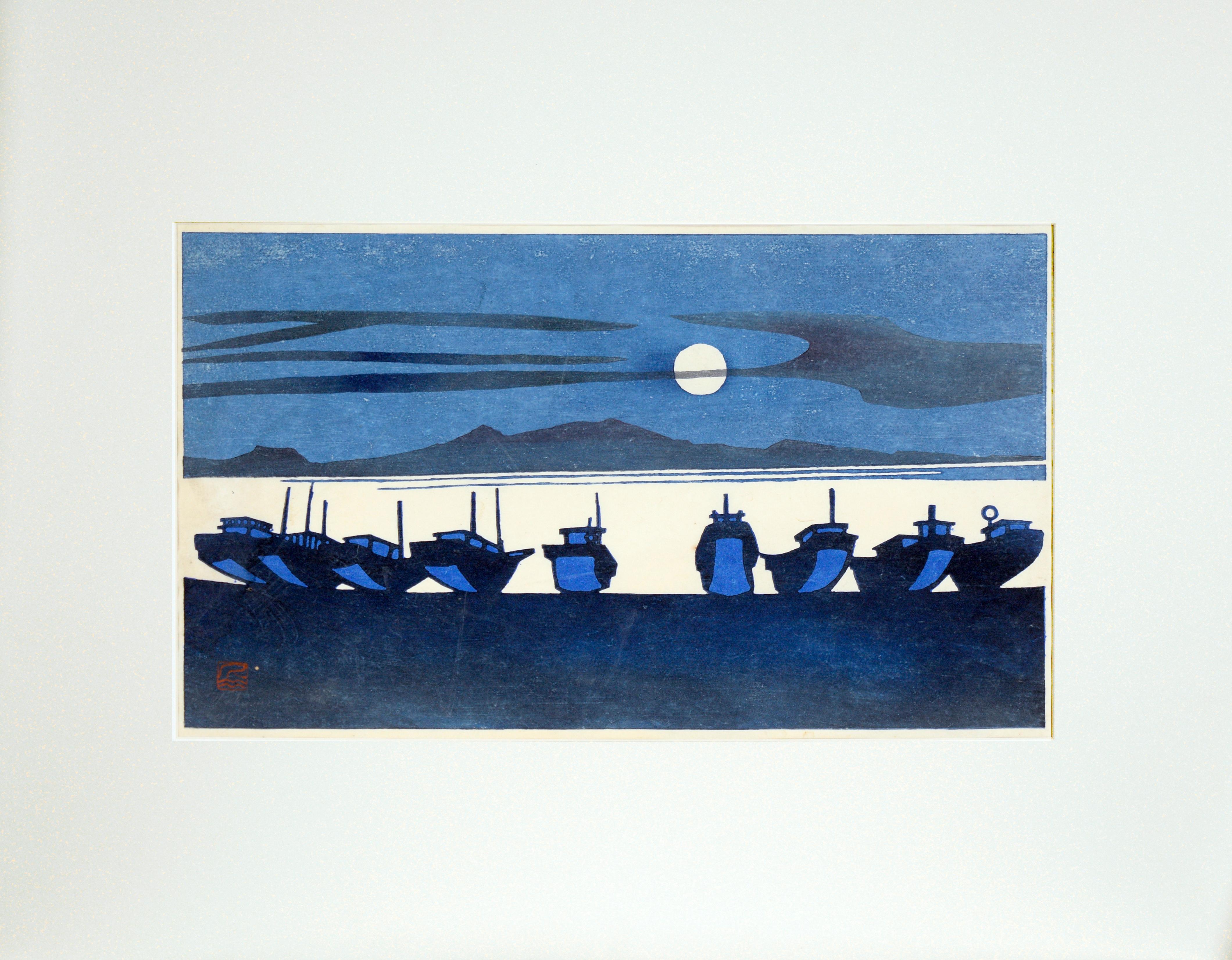 Full Moon on the Harbor, Modernist Japanese Woodblock - Print by Inagaki Toshijiro