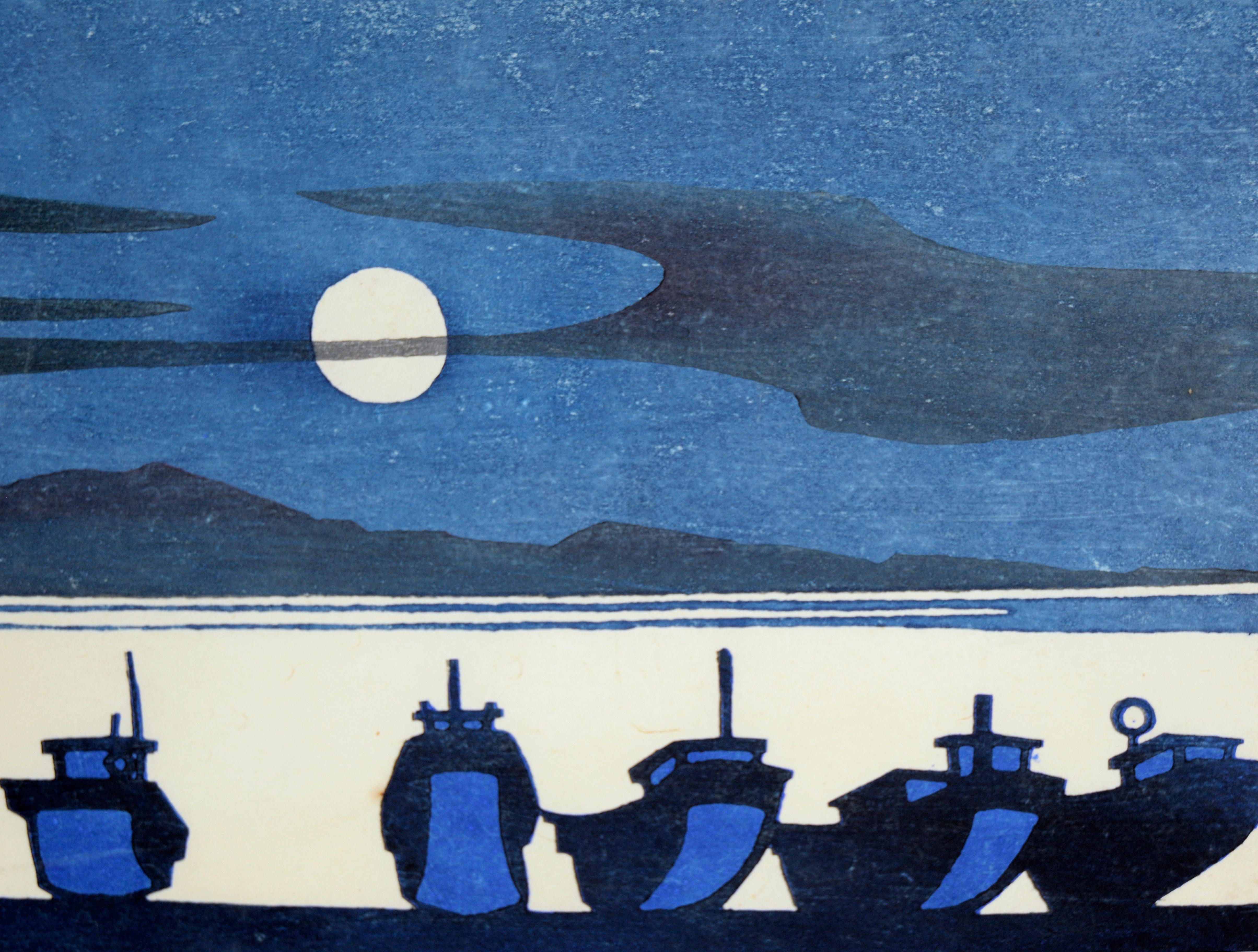 Full Moon on the Harbor, Modernist Japanese Woodblock 1