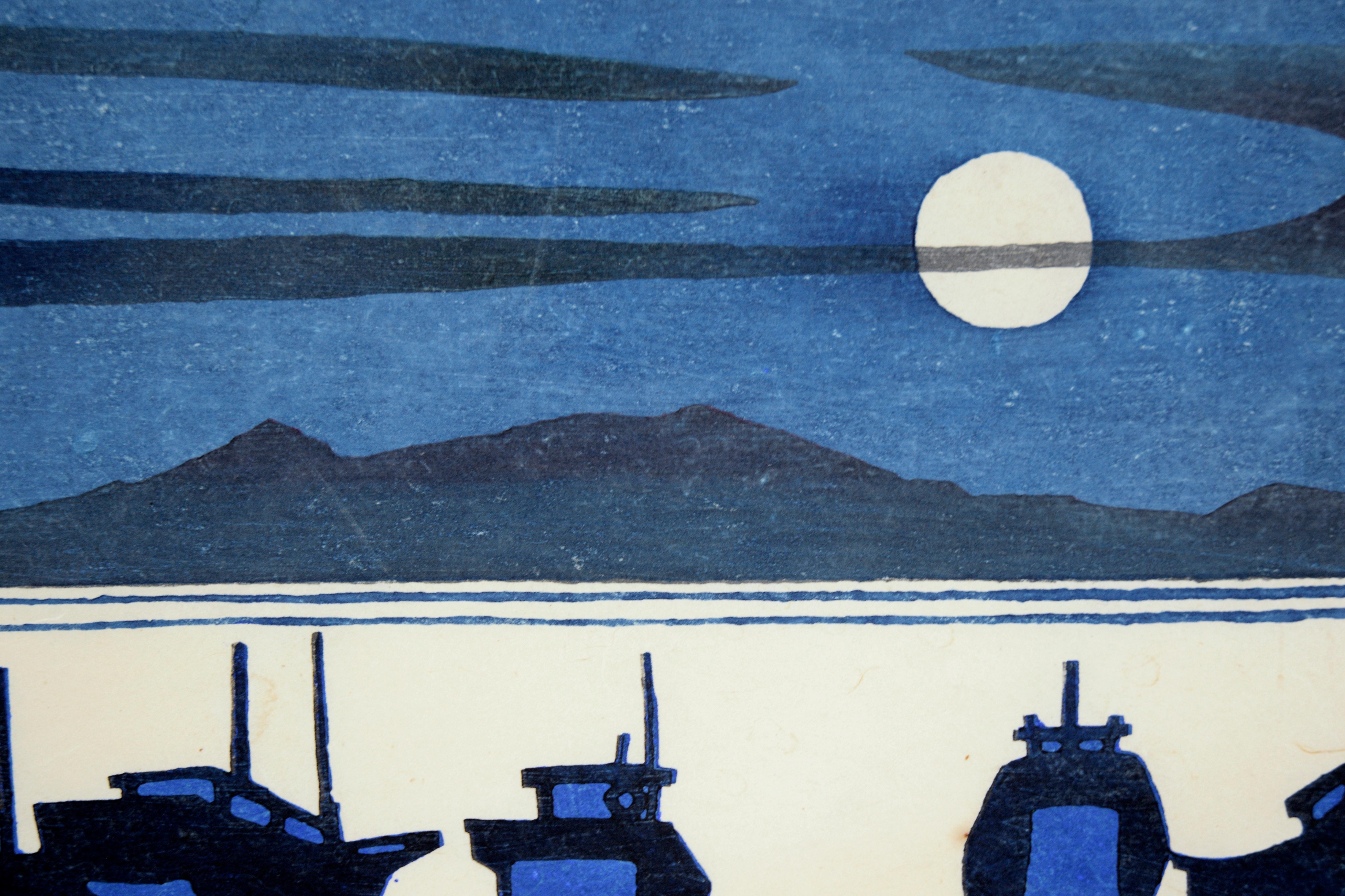 Full Moon on the Harbor, Modernist Japanese Woodblock 3