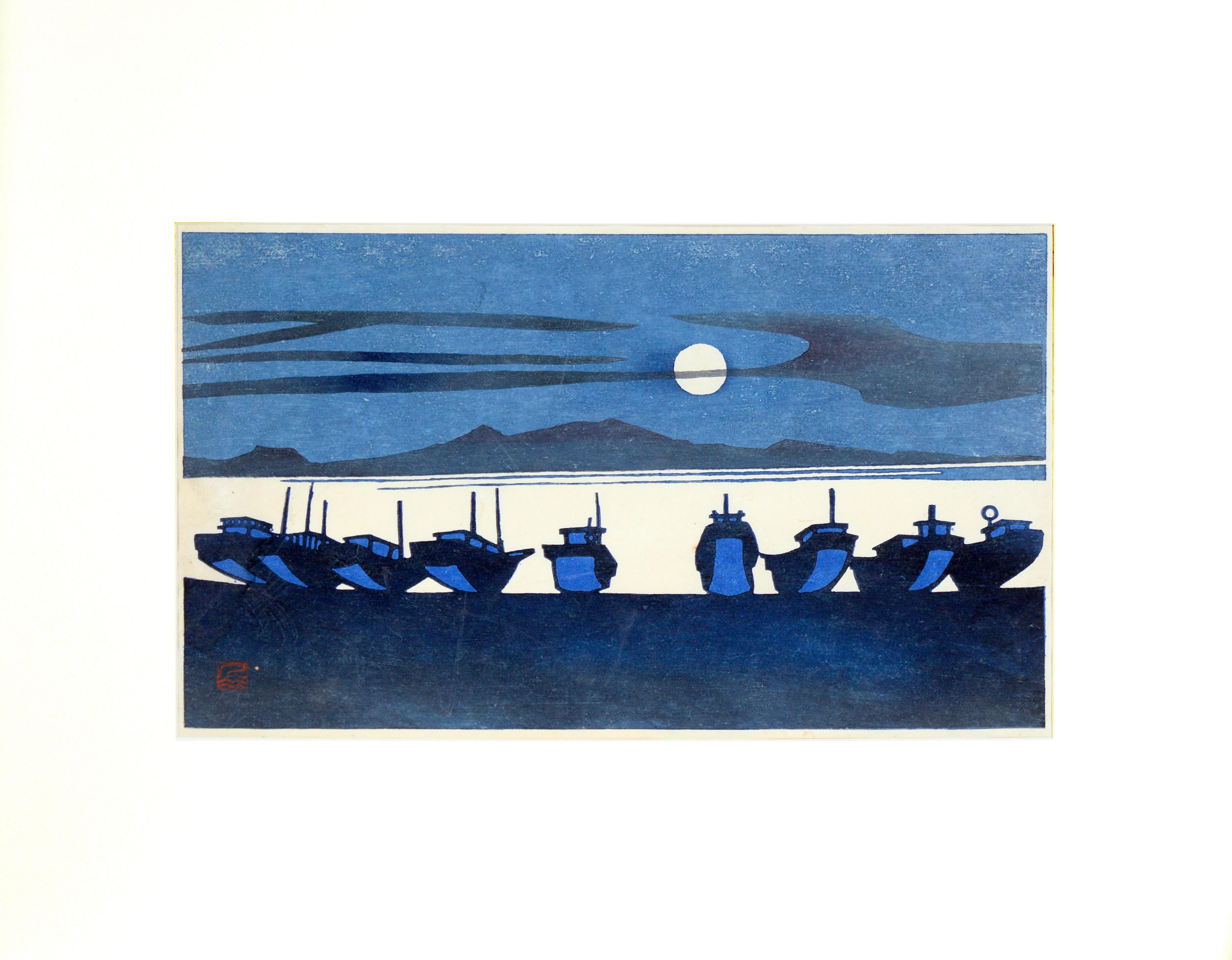 Inagaki Toshijiro Landscape Print - Full Moon on the Harbor, Modernist Japanese Woodblock