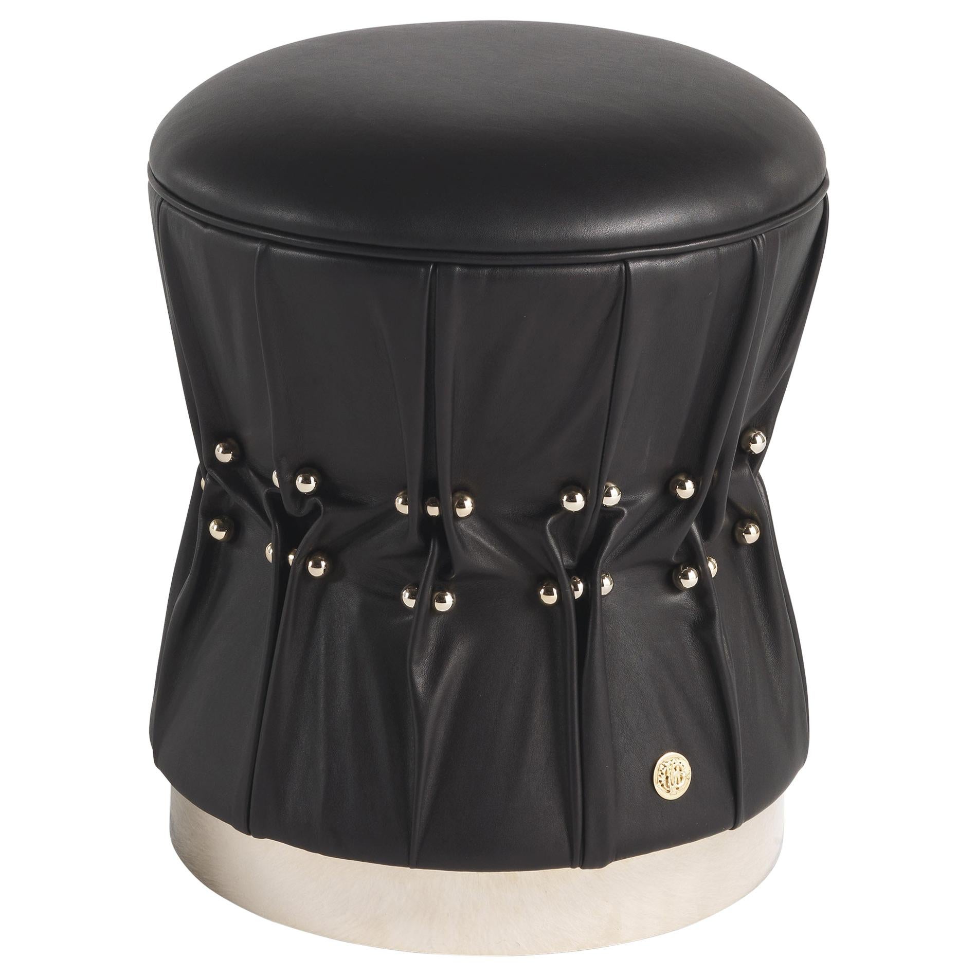 21st Century Inanda Pouf in Black Leather by Roberto Cavalli Home Interiors