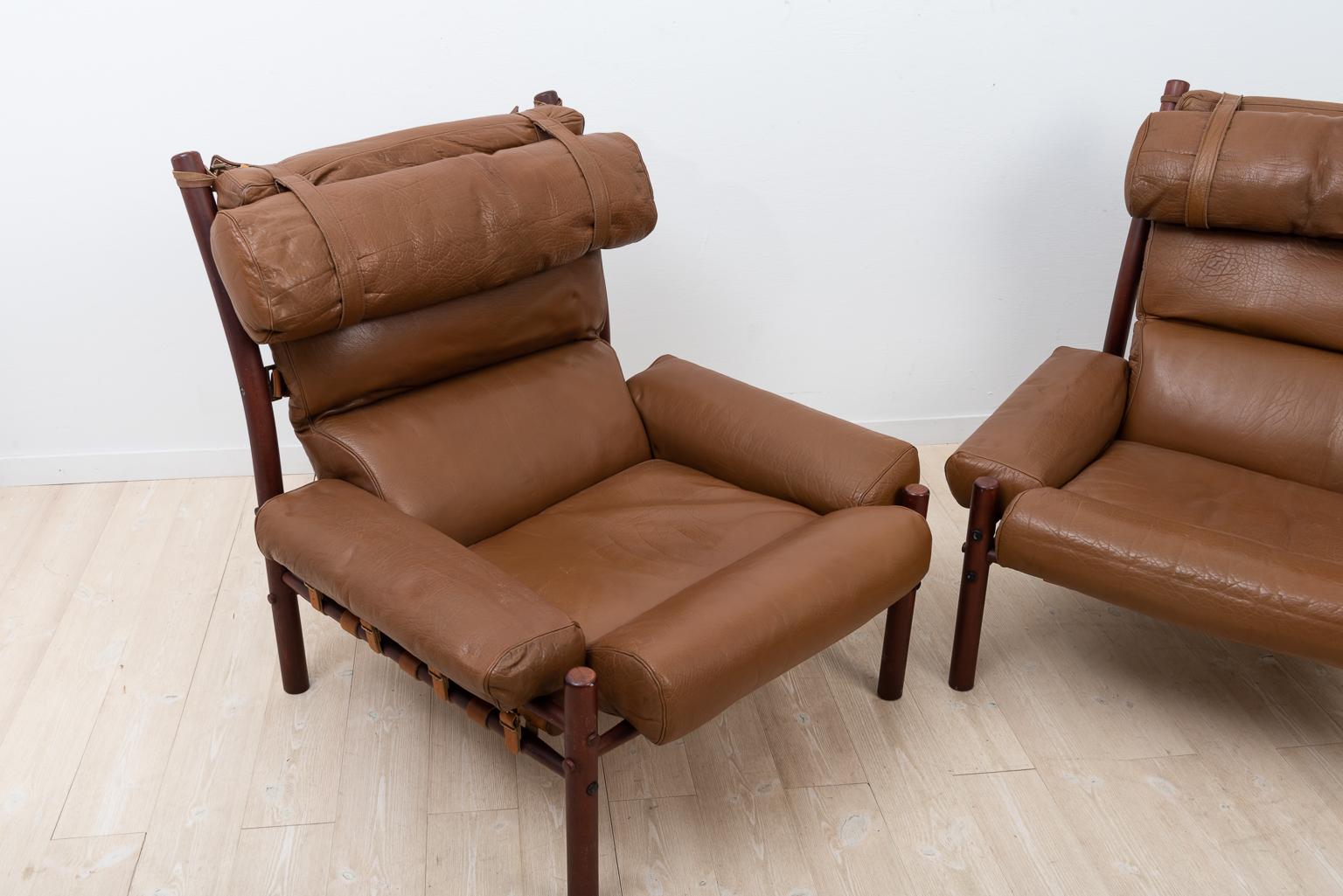 Leather Inca Armchairs with Appurtenant Ottoman by Arne Norell