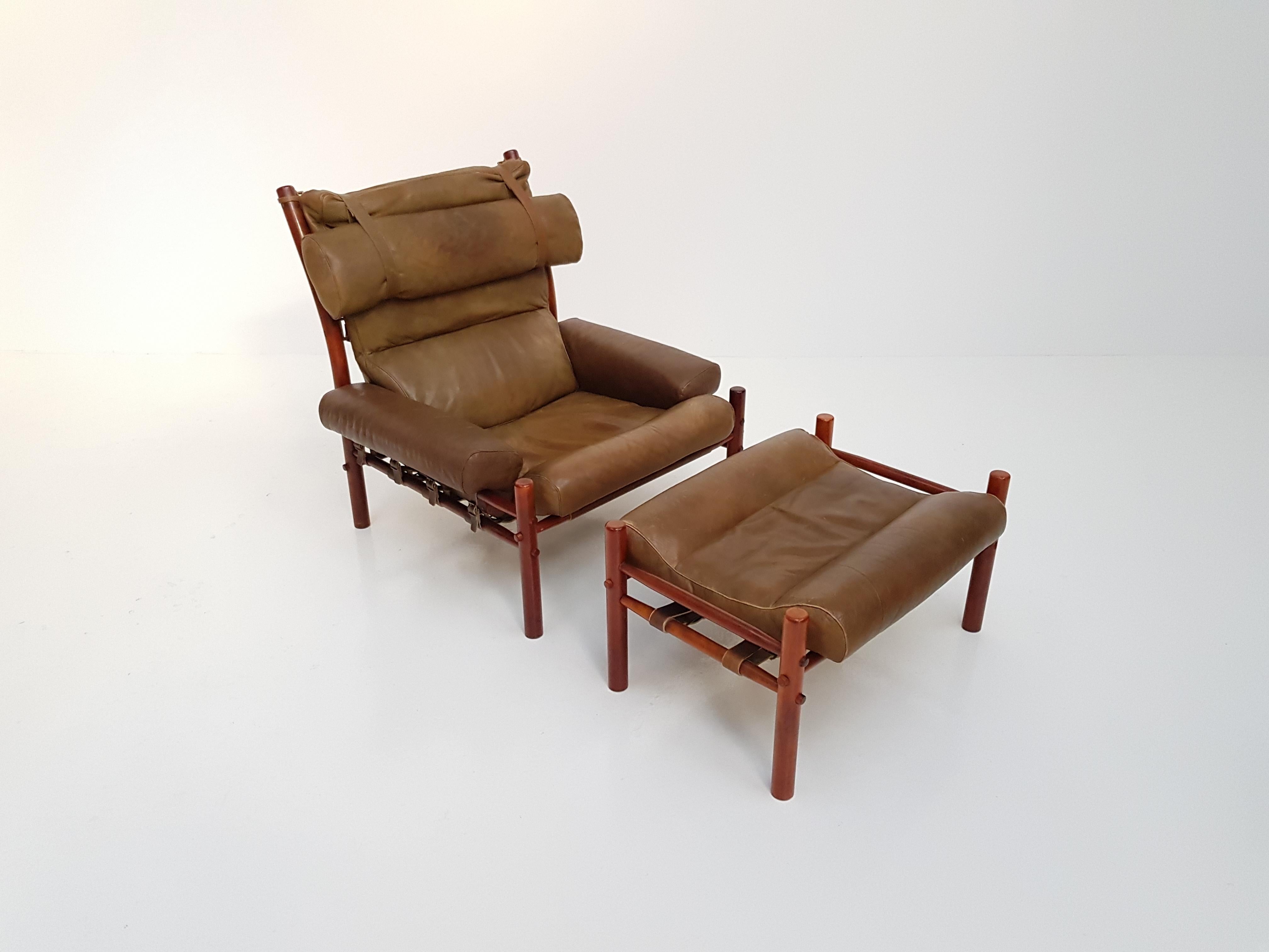 Leather Inca Chair and Footstool by Swedish Designer Arne Norell for Norell Möbler