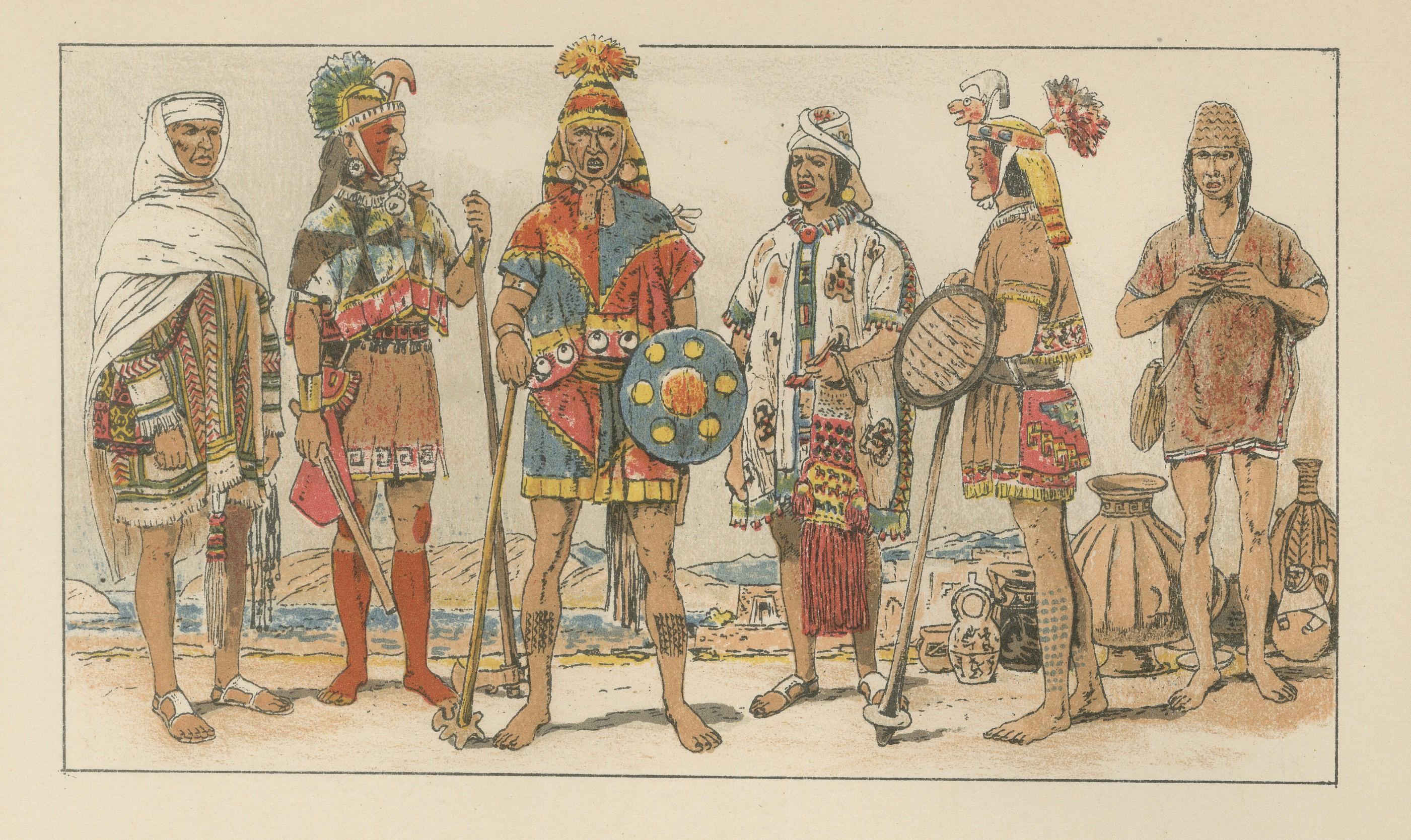 Allemand Costumes de l'empire inca, lithographie ancienne de vêtements incas, Max Tilke c.1880 en vente