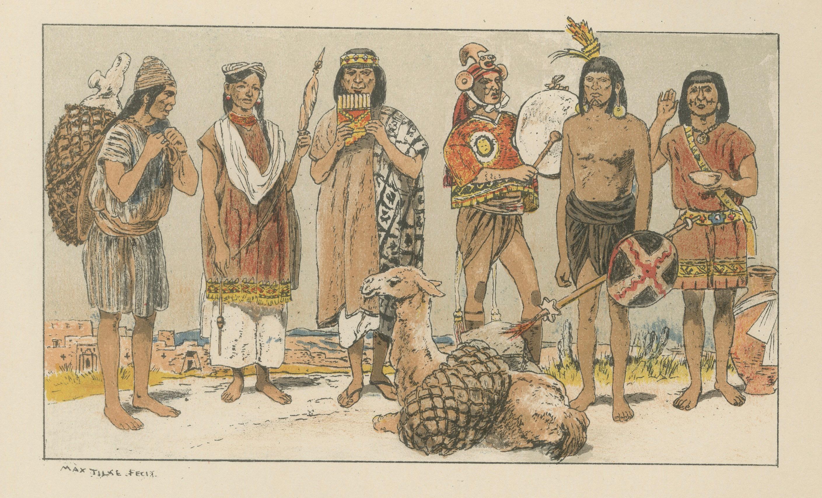 Costumes de l'empire inca, lithographie ancienne de vêtements incas, Max Tilke c.1880 Bon état - En vente à Langweer, NL