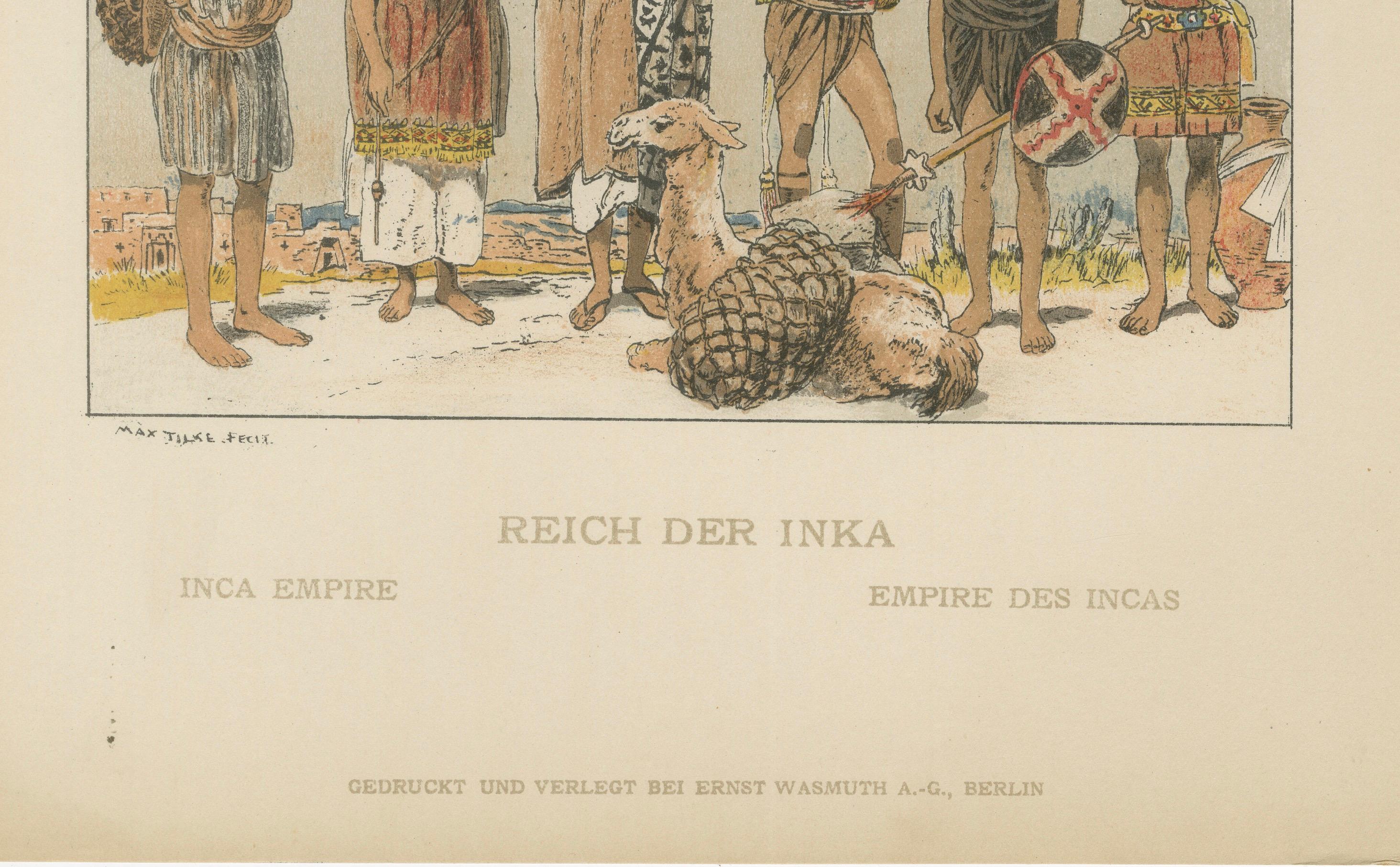 Fin du XIXe siècle Costumes de l'empire inca, lithographie ancienne de vêtements incas, Max Tilke c.1880 en vente