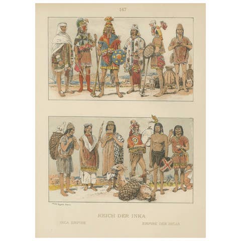 Inca Empire Costumes, Antique Lithograph of Inca Clothing, Max Tilke c.1880