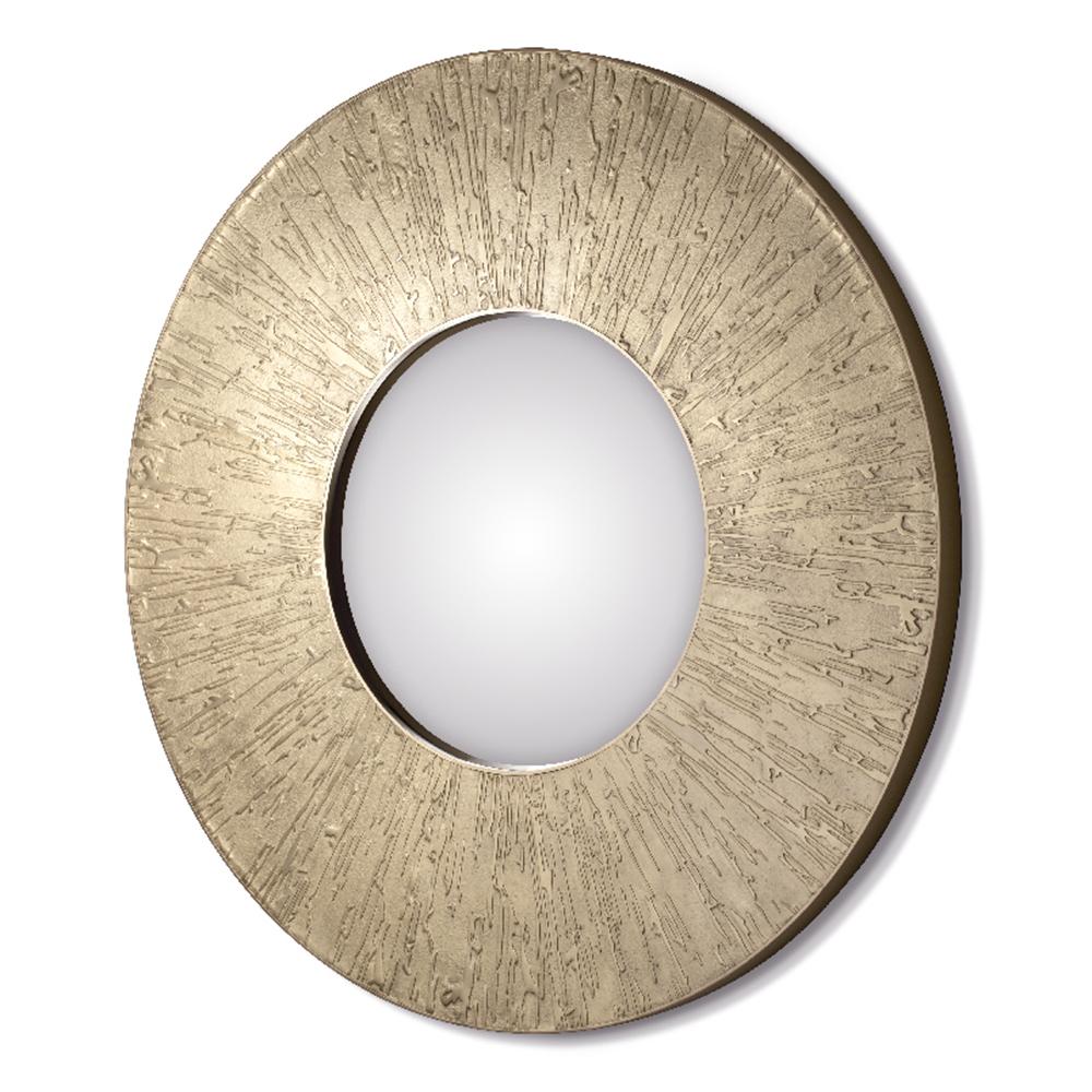 Mirror Inca Round all in solid brass in raw finish
with decoration reliefs pattern on the frame. With
center convex round mirror glass.