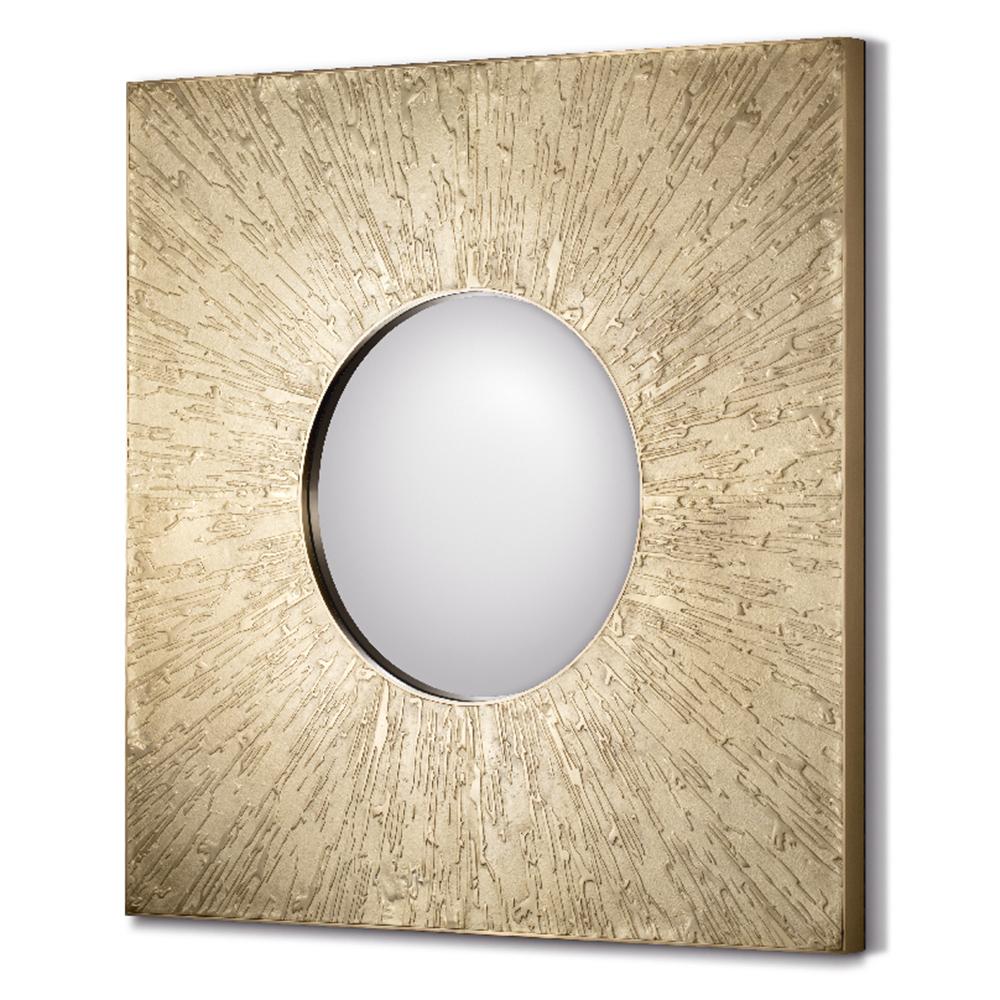 Mirror Inca Square all in solid brass in raw finish
with decoration reliefs pattern on the frame. With
center convex round mirror glass.