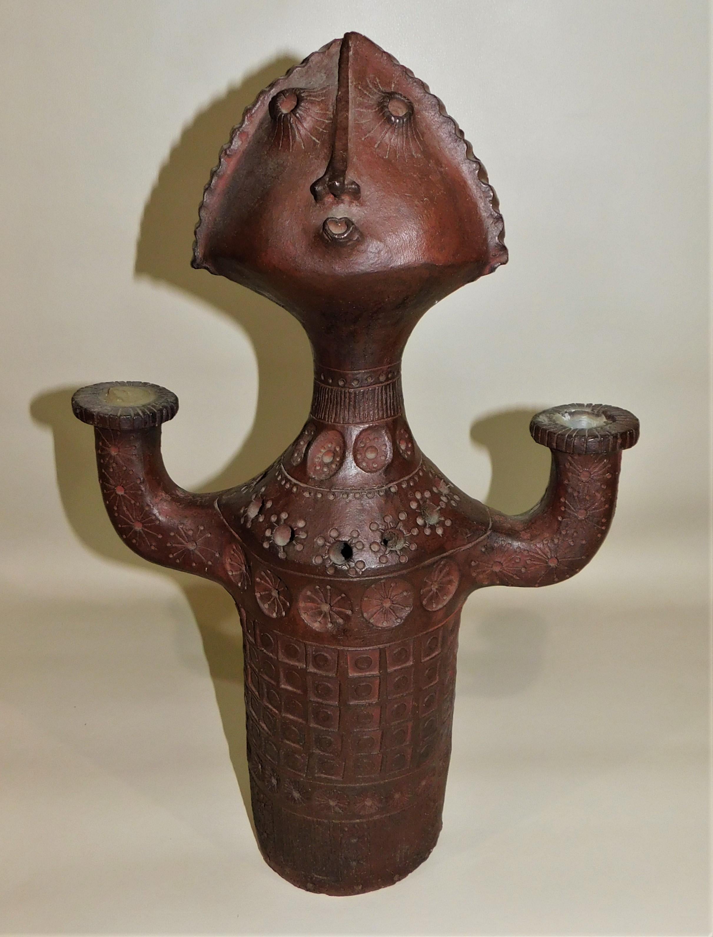 South/Central American (Incan/Mayan) style double candleholder.
Bottom is marked J.P. (or J.R.) Combes Aigues-Vives, Aude (town in southern France) 65 (1965) Piece Unique. Combes may be the artist or who it was presented to.