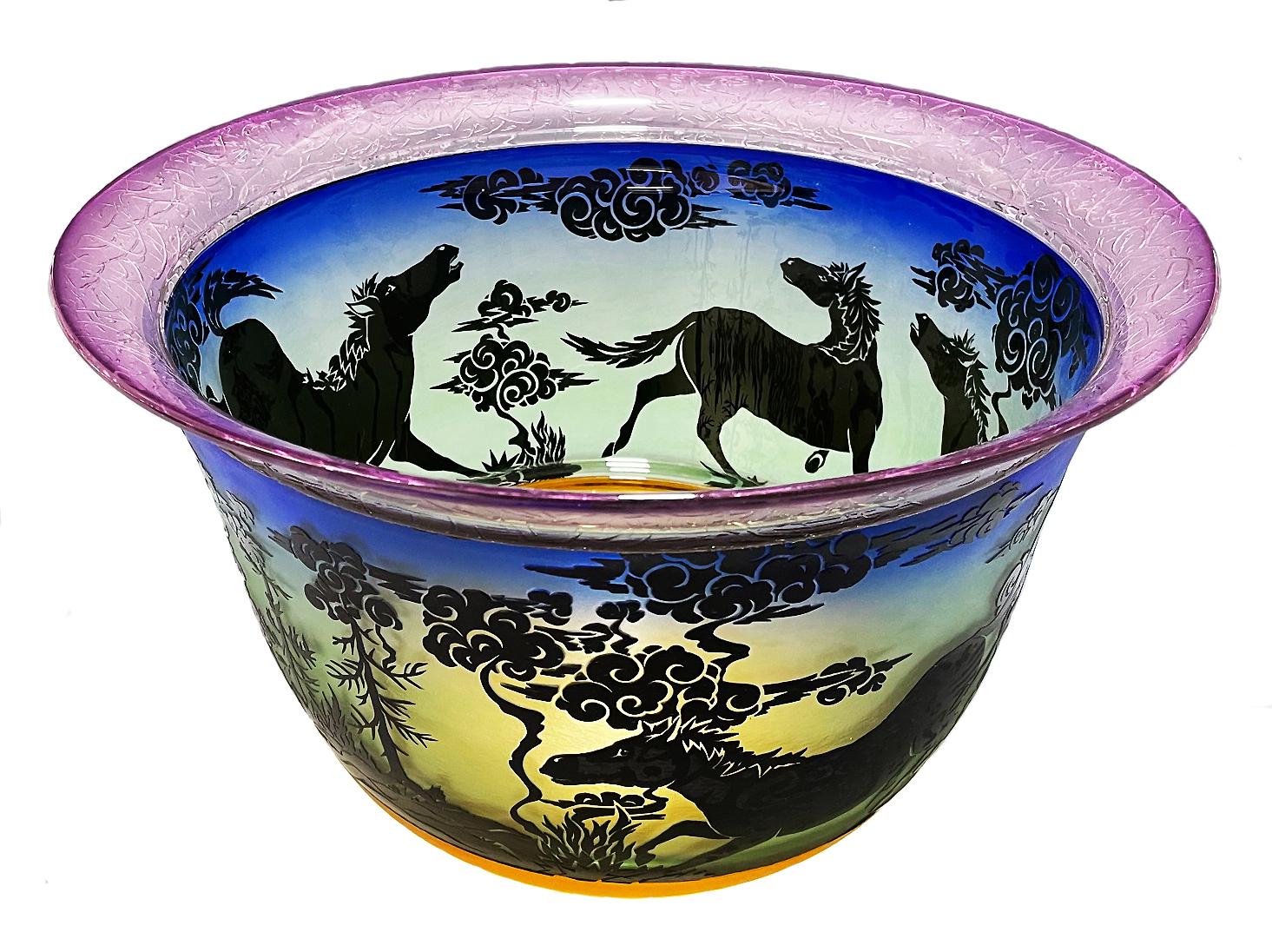 American Craftsman Incalmo Blown and Cameo Etched Glass Bowl with Ponies For Sale