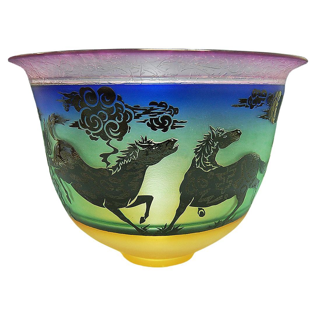 Incalmo Blown and Cameo Etched Glass Bowl with Ponies For Sale