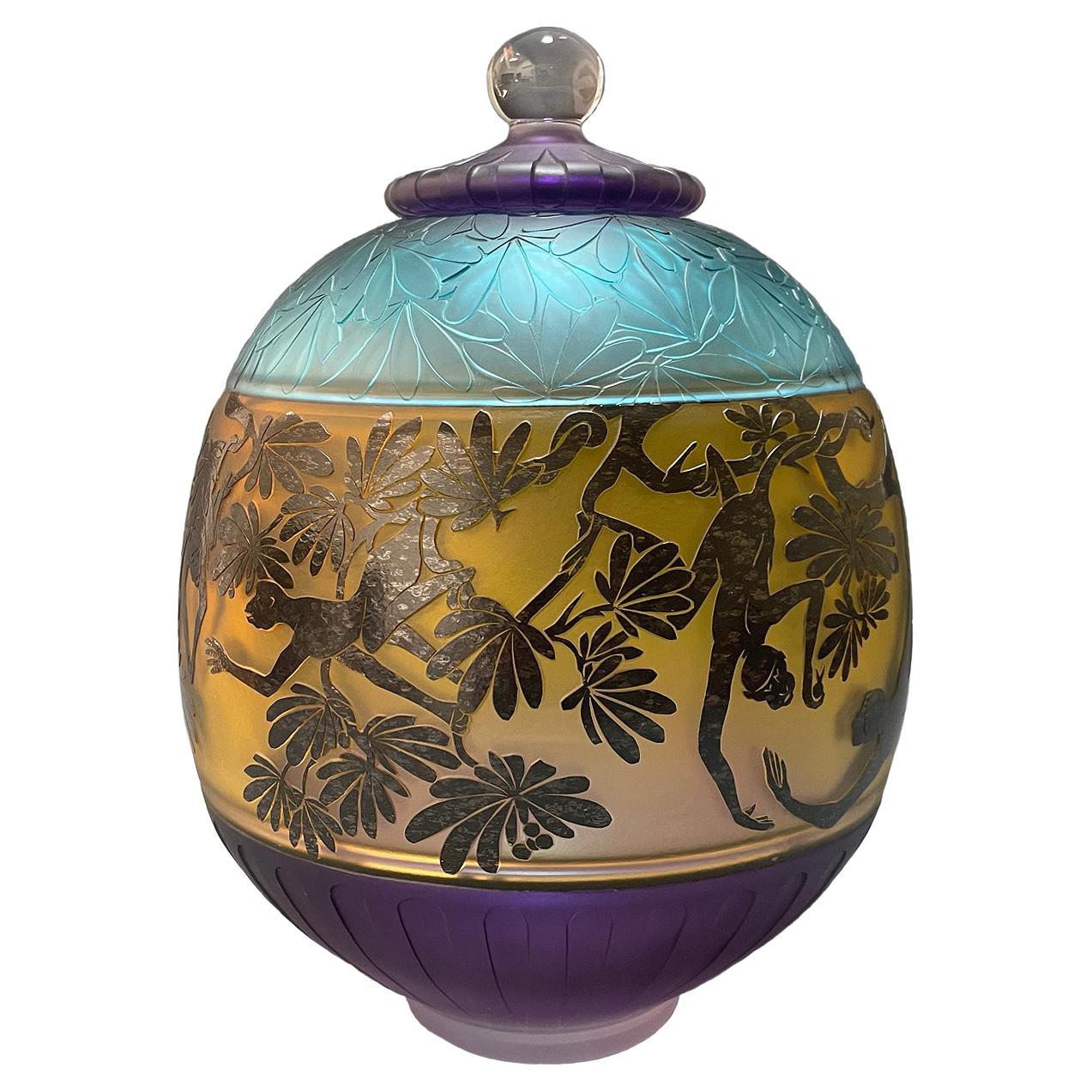 Tropical Monkey Covered Jar Aged Brown 