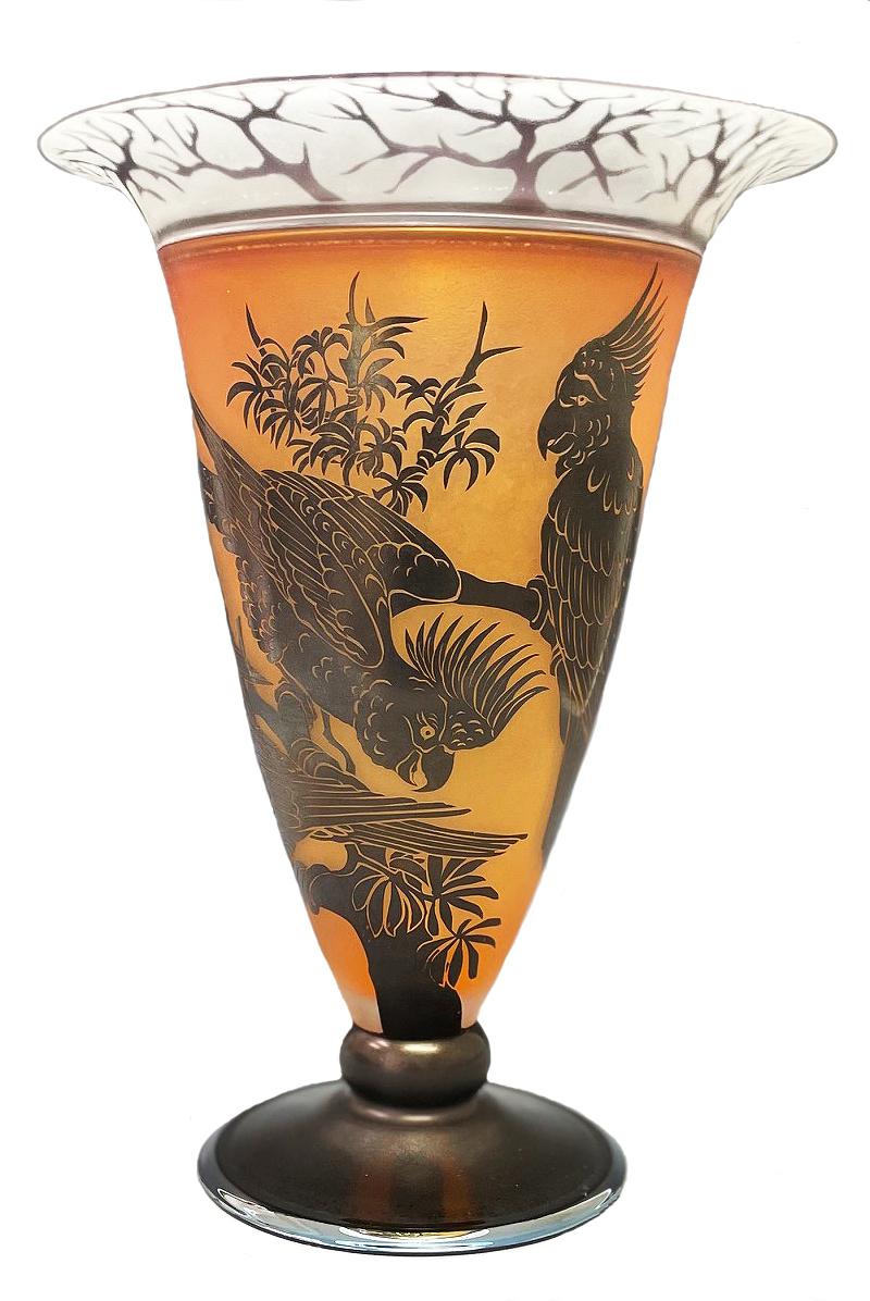 American Craftsman Incalmo Vase with Cockatoos For Sale