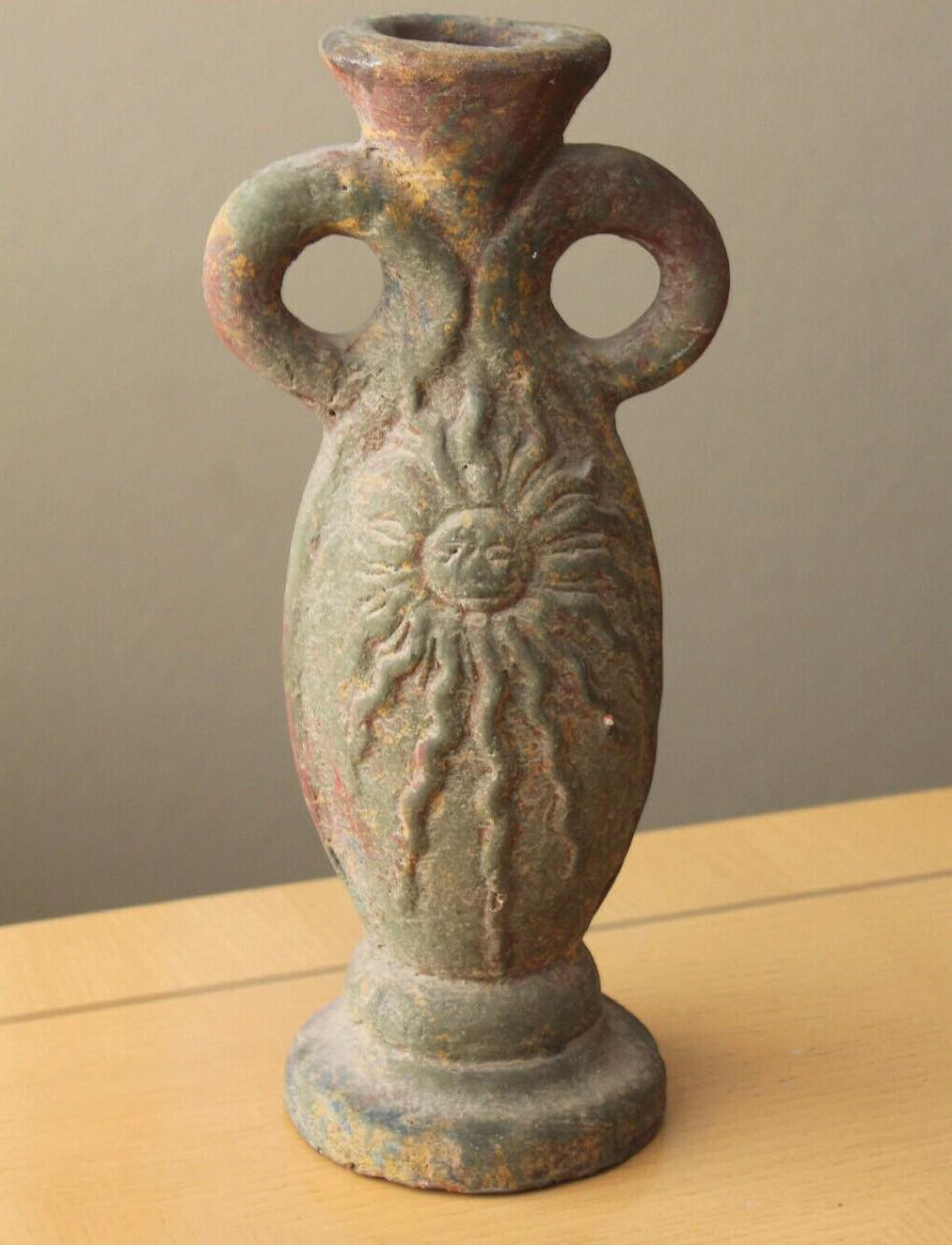 Incan Sun God Vessel. Terracotta Inti Pre-Columbian Historic Art Sculpture Peru In Fair Condition For Sale In Peoria, AZ