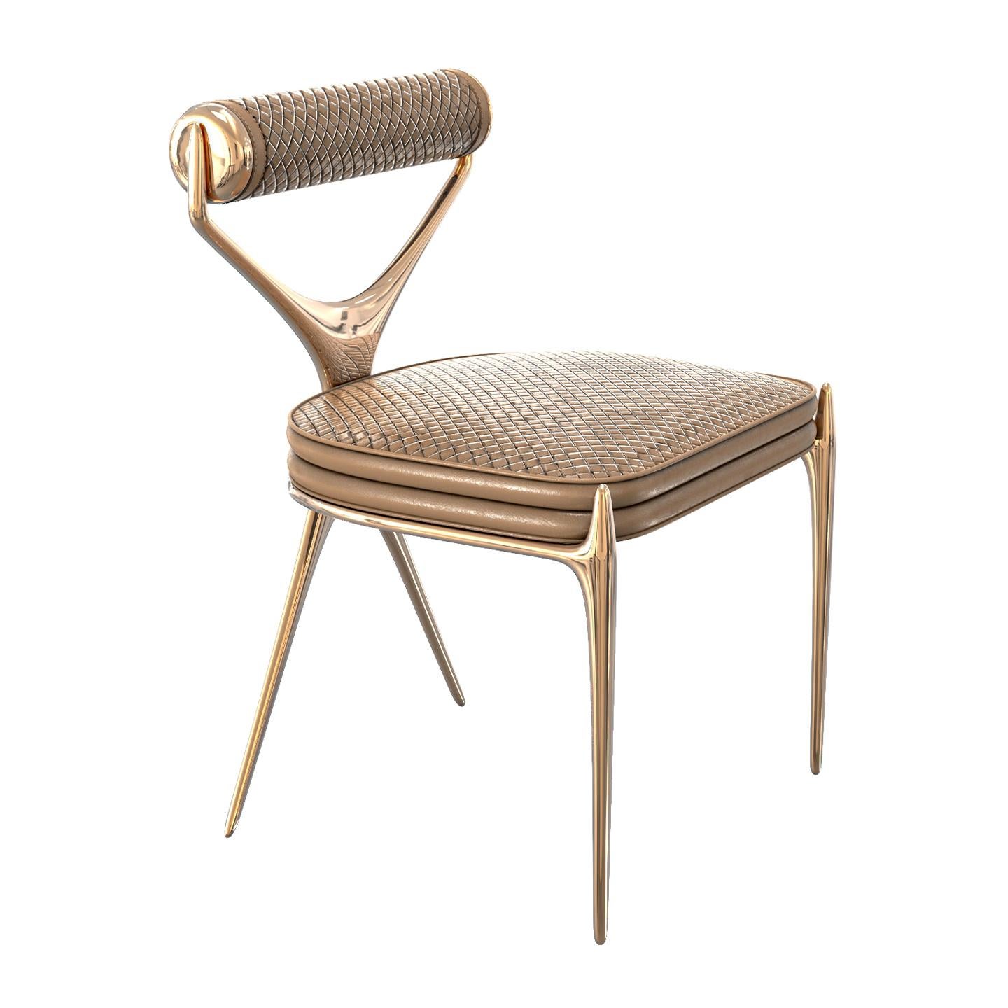Stuhl „Incandescenza“ mit Bronze und geflochtenem Leder, maßgeschneidert, Istanbul (Metall) im Angebot