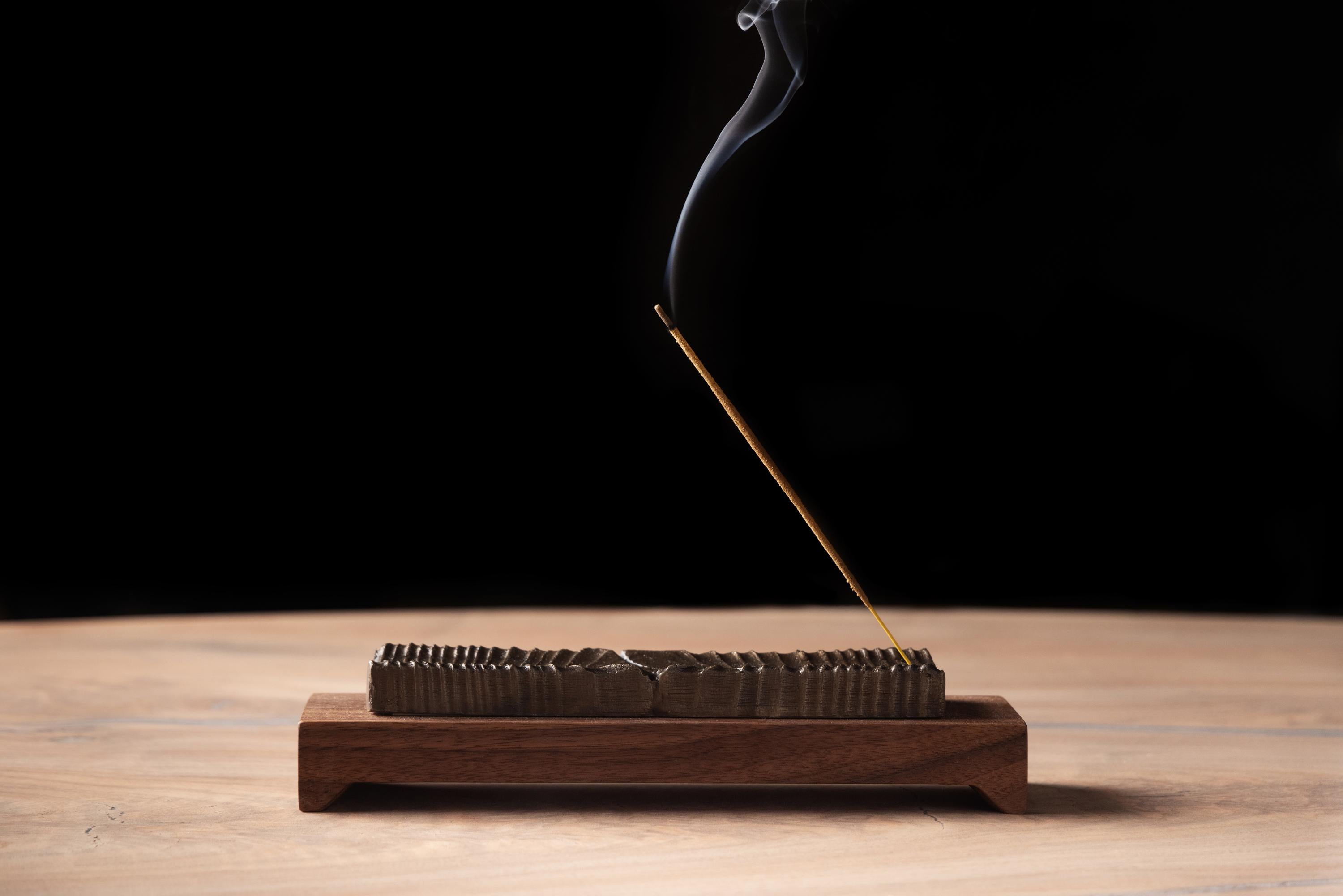 Organic Modern Incense Holder Modern Walnut Wood and Bronze Casting with Bright Finish