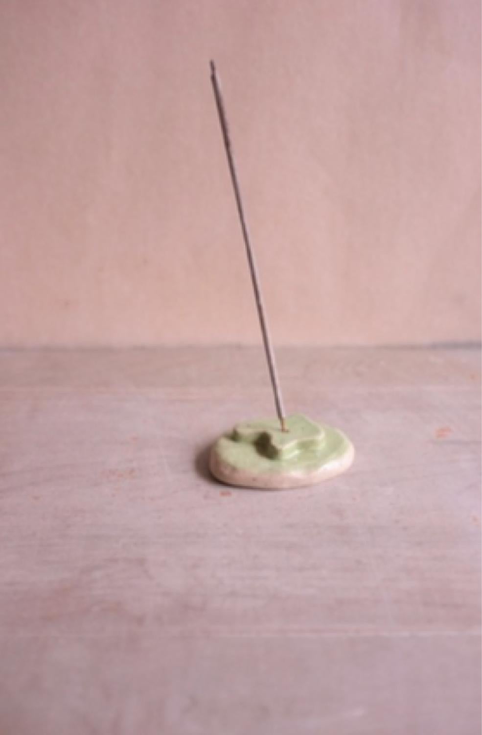 Modern Incense Holder, Stone with Shape White Speckled Clay with Pastel Green Glaze For Sale