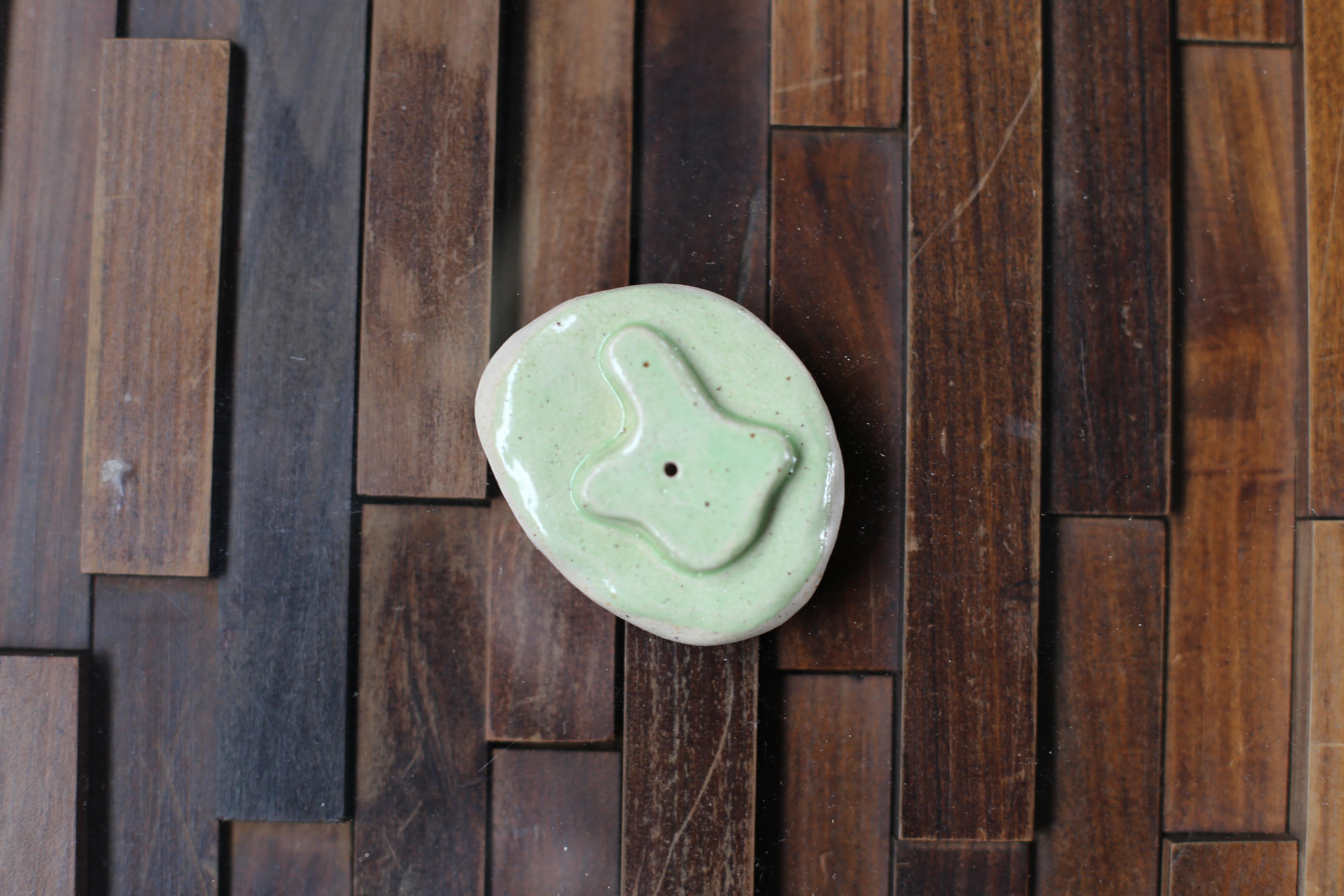 Belgian Incense Holder, Stone with Shape White Speckled Clay with Pastel Green Glaze For Sale