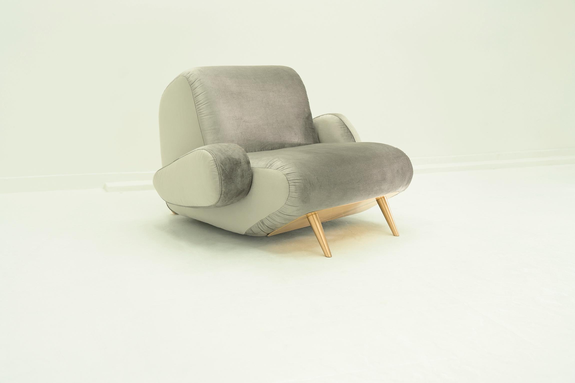 Modern Inception Armchair, 21st Century Large Velvet and Brass Contemporary Armchair For Sale
