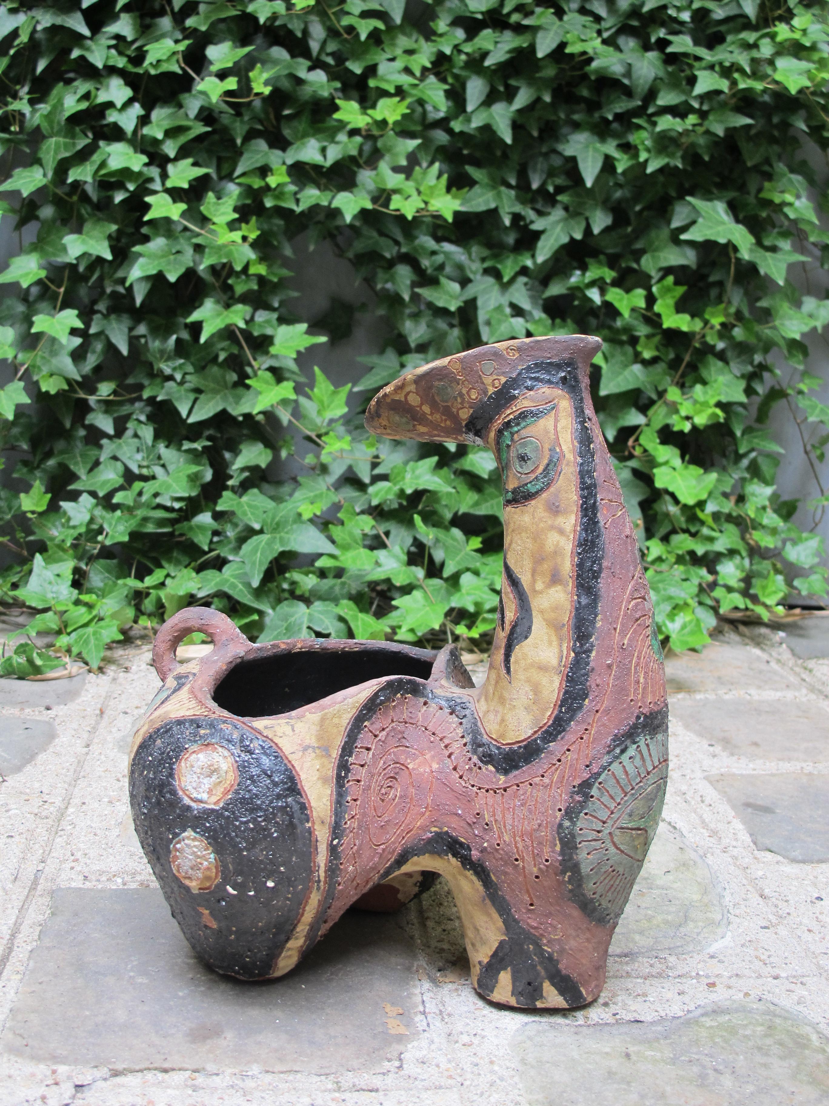 20th Century Incised and Painted Ceramic Tripod Zoomorphic Vase For Sale