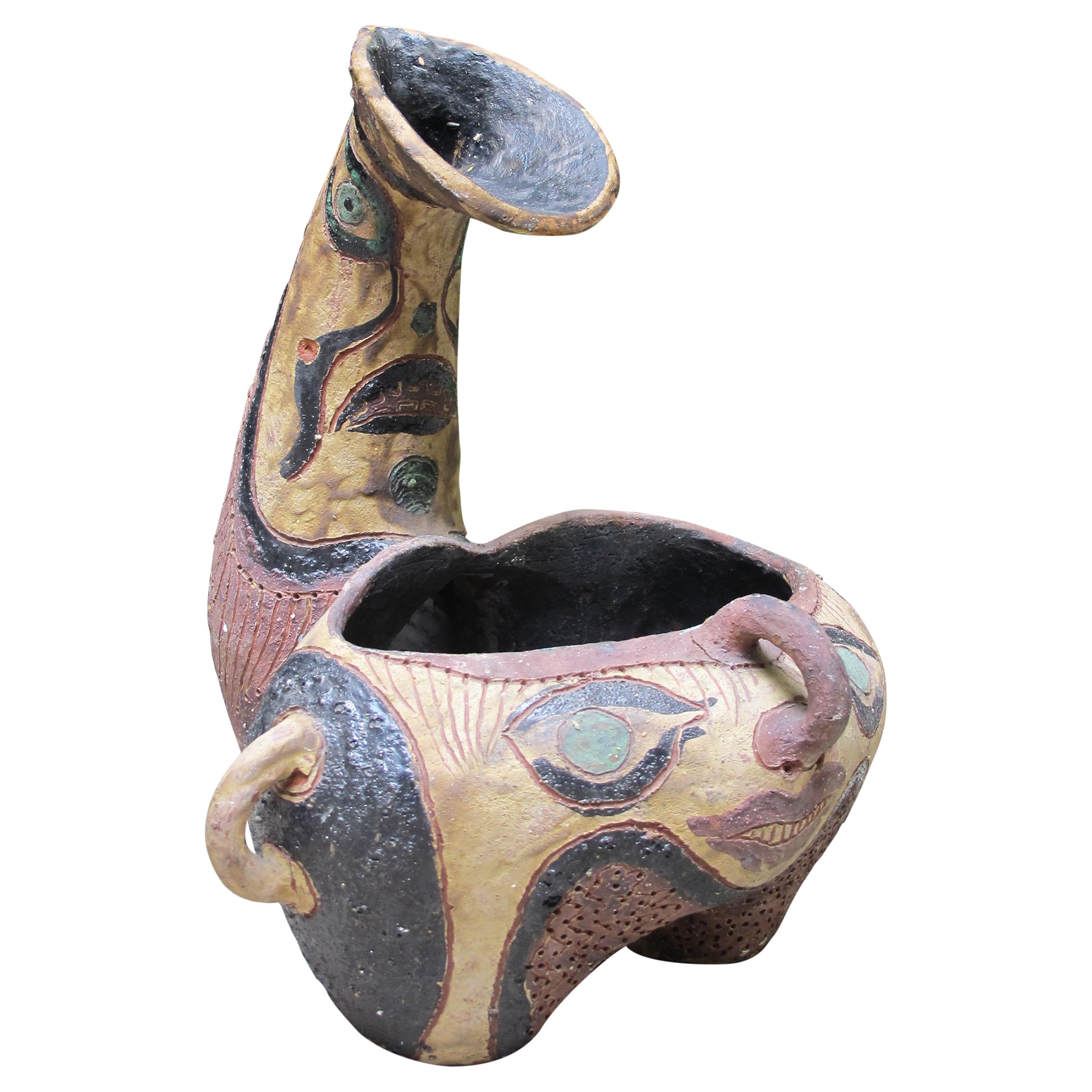 Incised and Painted Ceramic Tripod Zoomorphic Vase For Sale