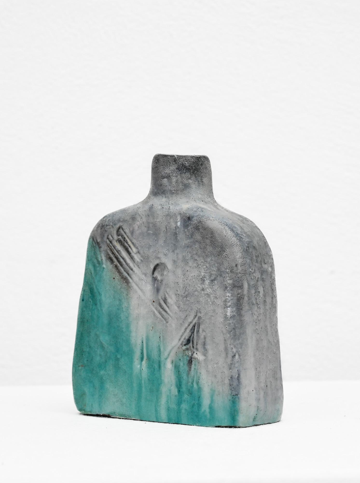 Incised aqua and grey ceramic vase by Marcello Fantoni For Sale 3