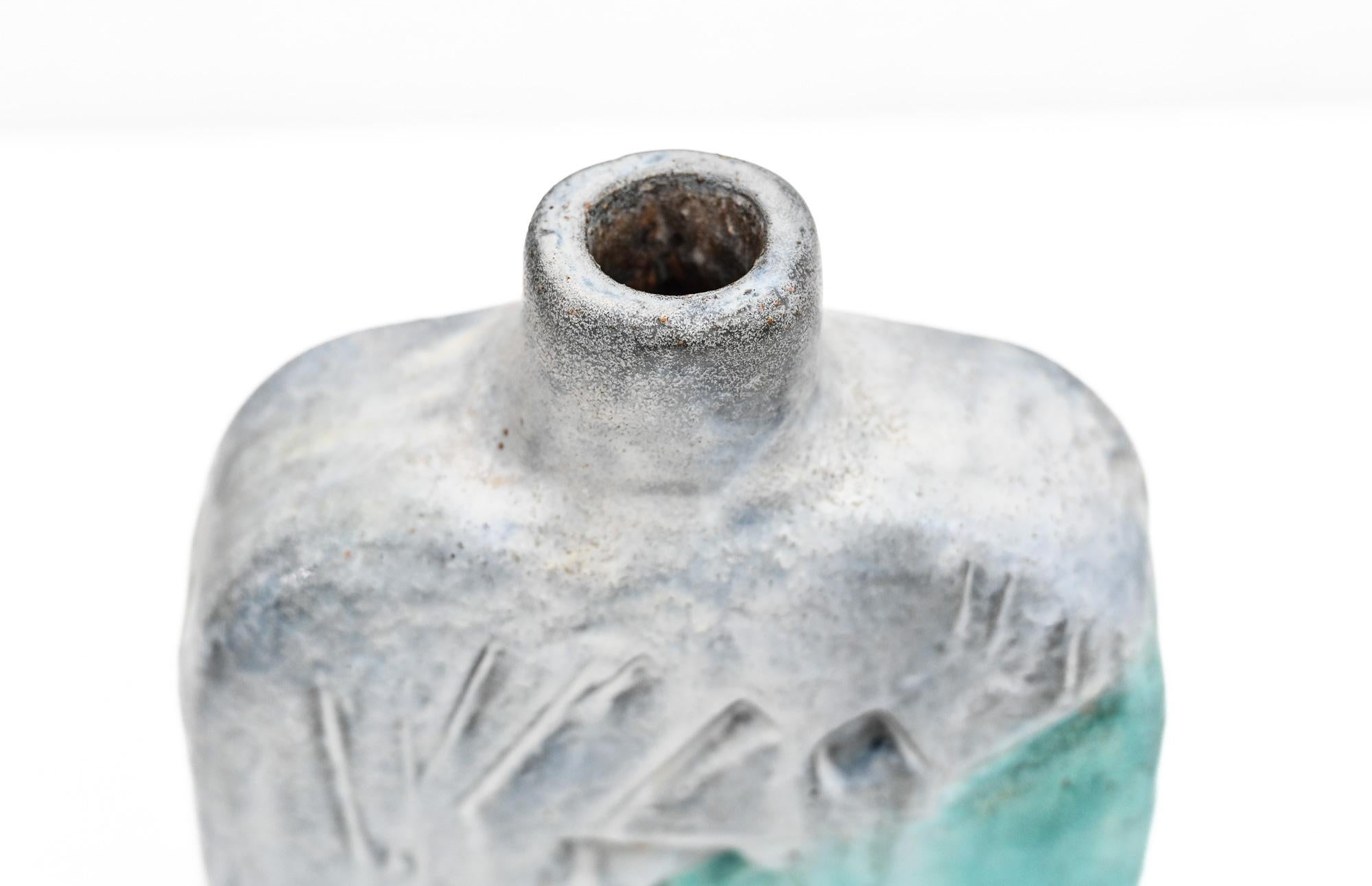 Incised aqua and grey ceramic vase by Marcello Fantoni In Good Condition For Sale In Henley-on Thames, Oxfordshire