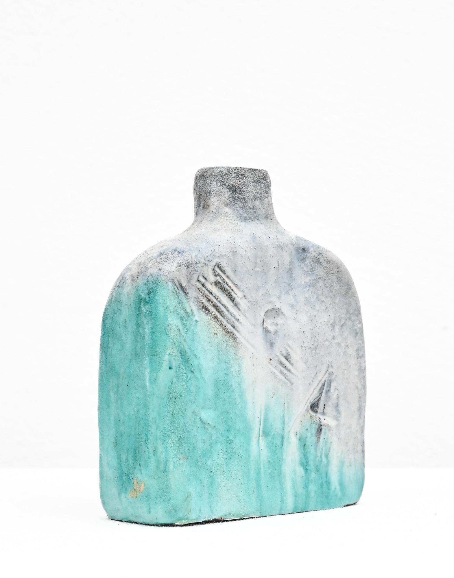 20th Century Incised aqua and grey ceramic vase by Marcello Fantoni For Sale