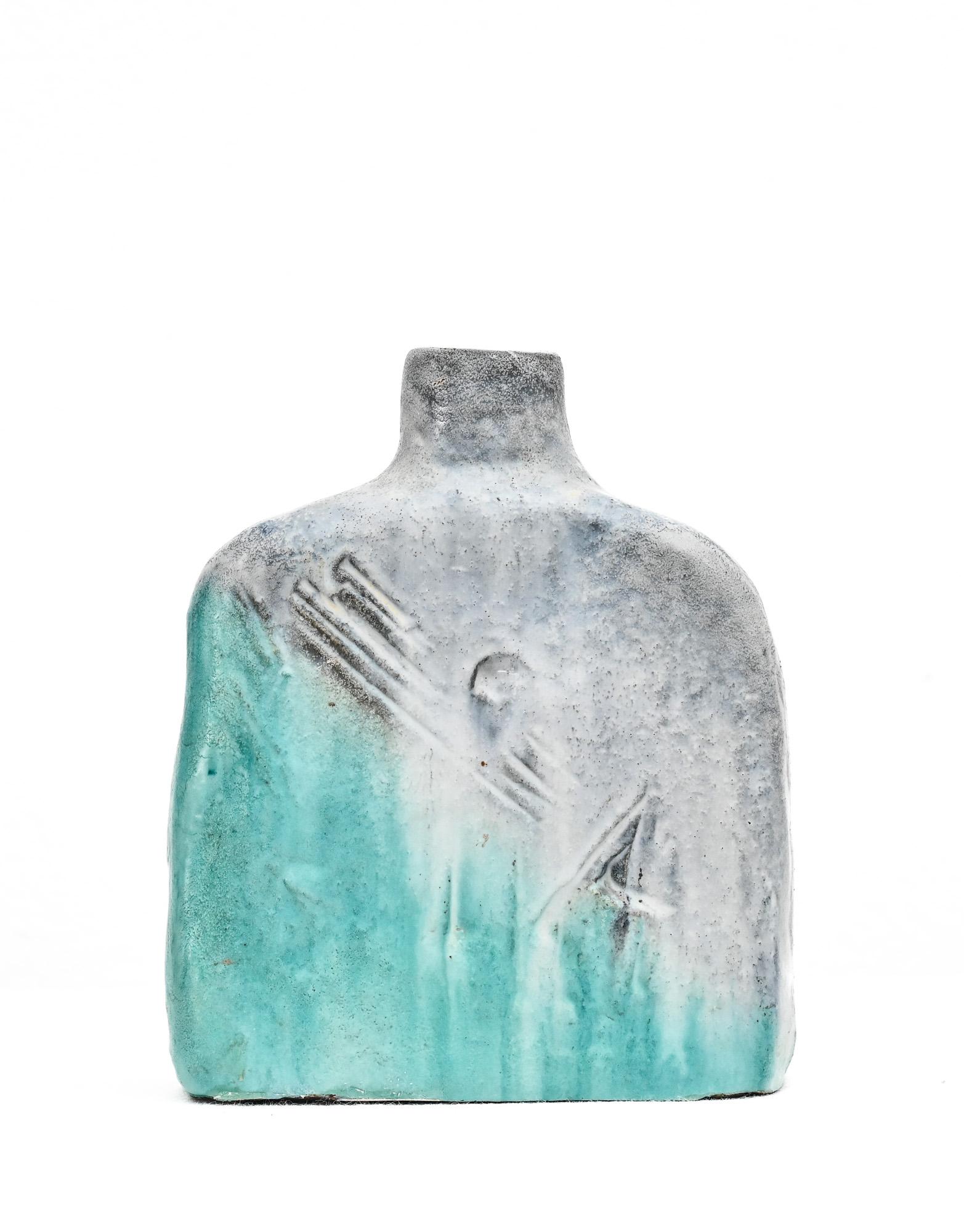 Ceramic Incised aqua and grey ceramic vase by Marcello Fantoni For Sale