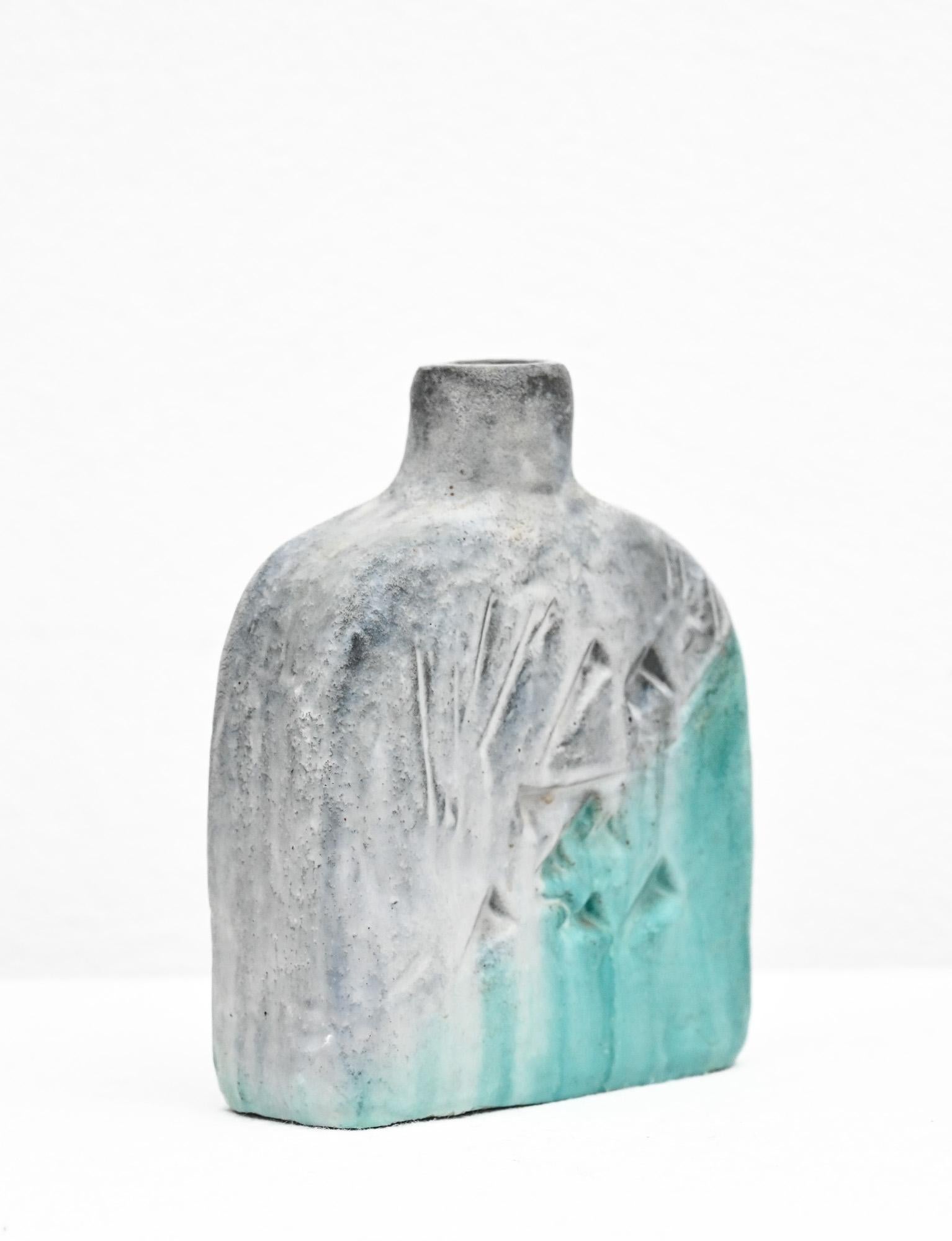 Incised aqua and grey ceramic vase by Marcello Fantoni For Sale 1