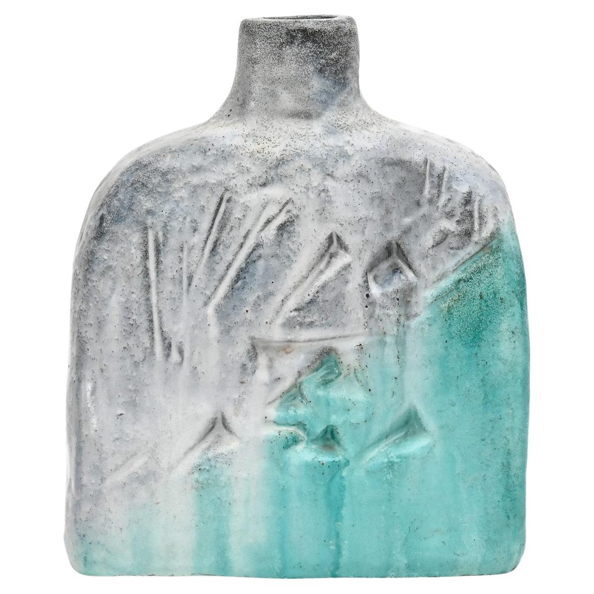 Incised aqua and grey ceramic vase by Marcello Fantoni For Sale